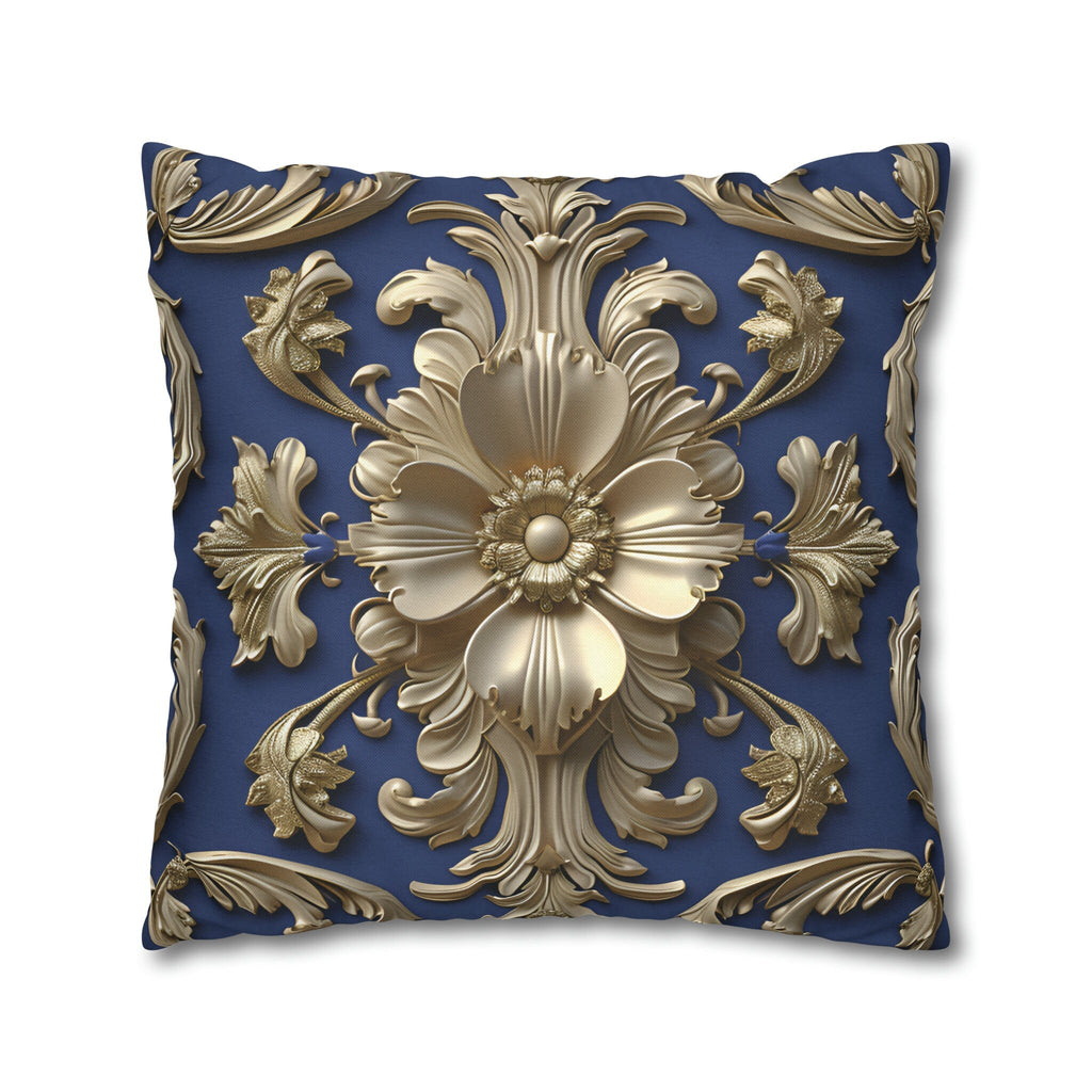 Luxurious Baroque Floral Pillow Cover: Deep Blue with Pale Gold Symmetrical Design