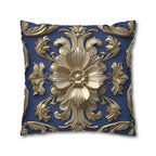 Luxurious Baroque Floral Pillow Cover: Deep Blue with Pale Gold Symmetrical Design