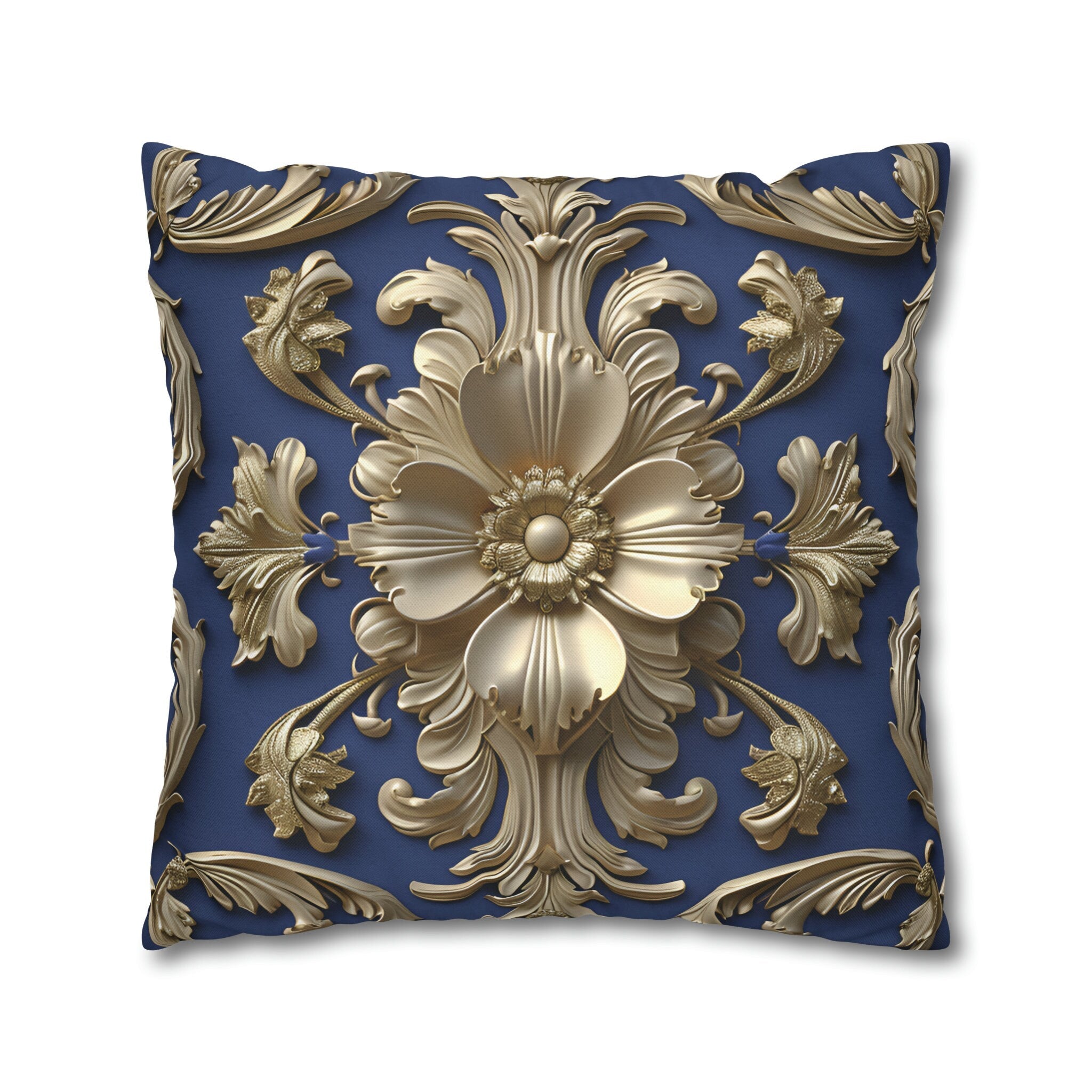 Luxurious Baroque Floral Pillow Cover: Deep Blue with Pale Gold Symmetrical Design