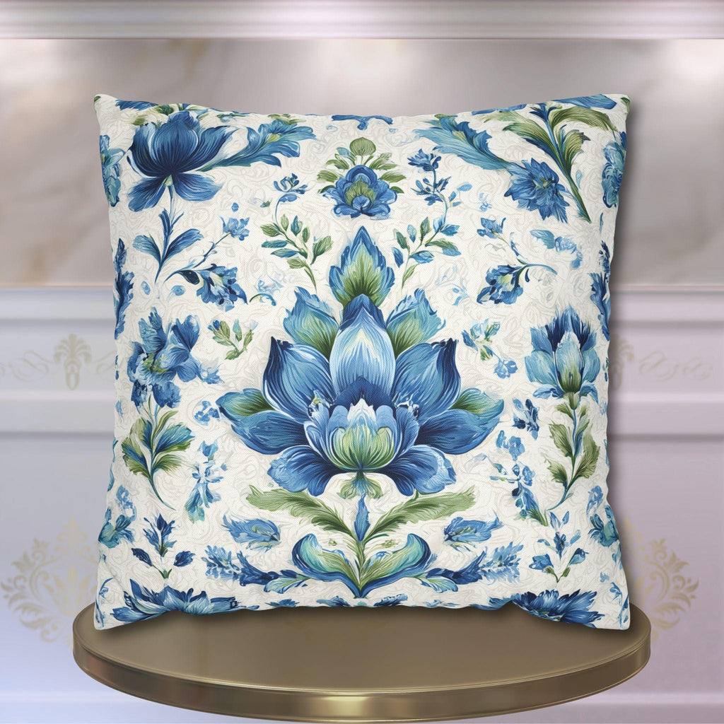 Jacobean Floral Pillow Cover: Blue-Green Botanical Cushion Cover with Modern Traditional Fusion Design