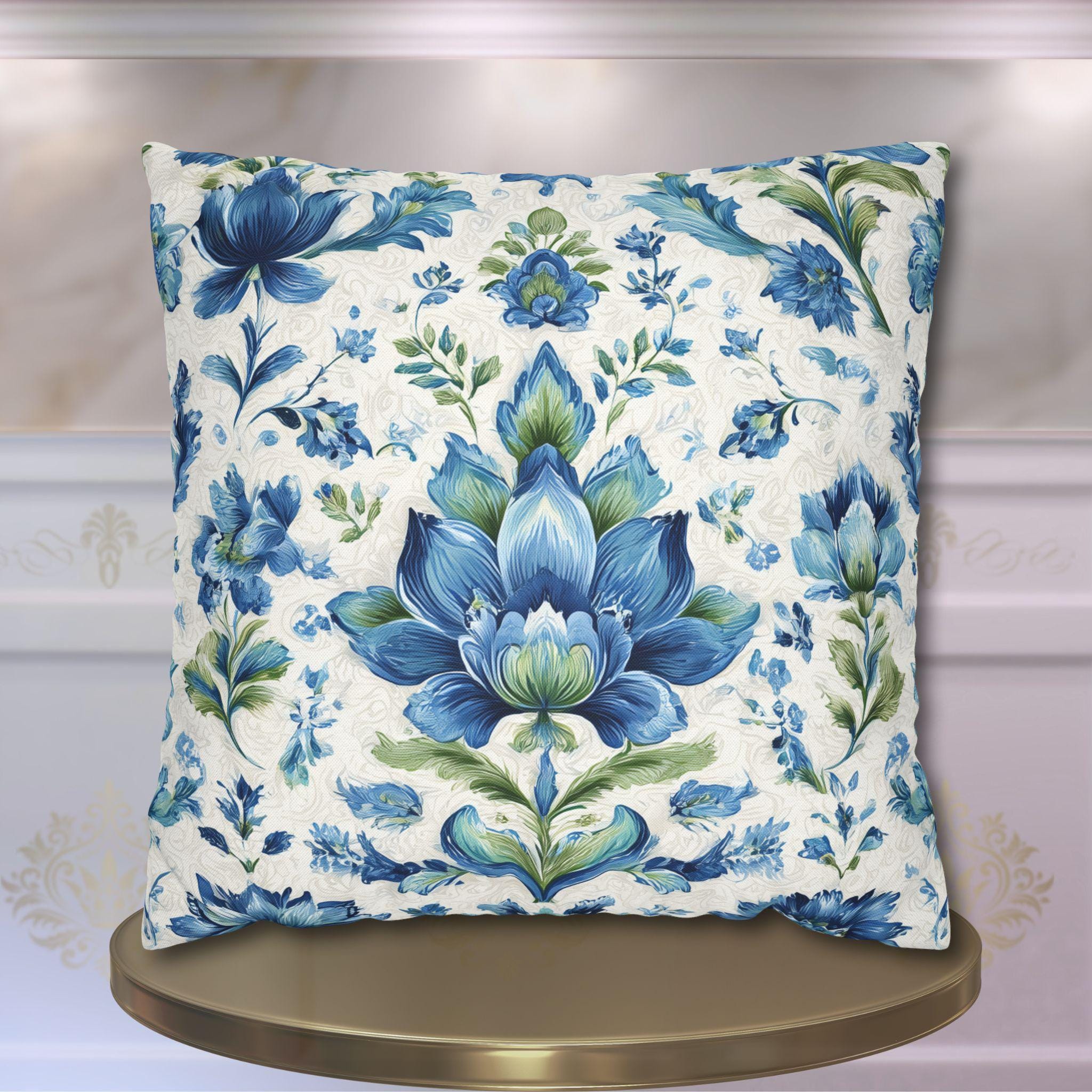 Jacobean Floral Pillow Cover: Blue-Green Botanical Cushion Cover with Modern Traditional Fusion Design