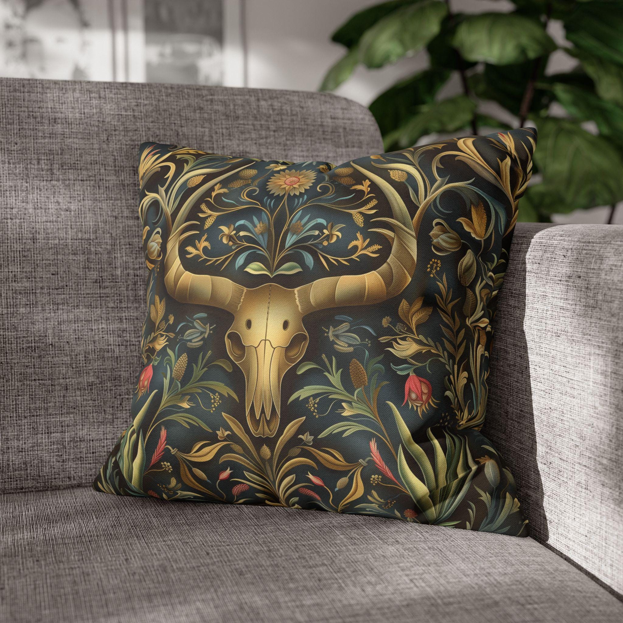 Southwest Floral Skull Pillow: William Morris Inspired Western Decor, Botanical Horned Cushion Cover