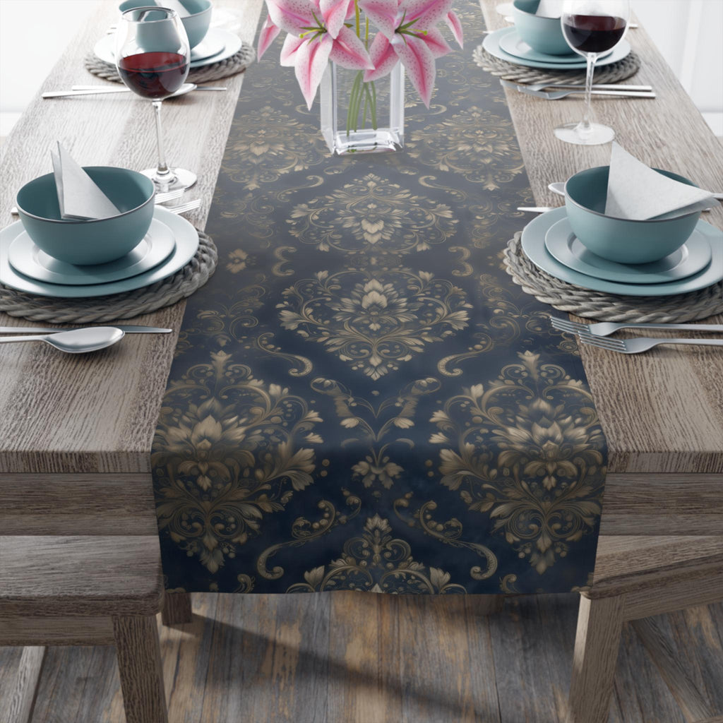 Elegant Baroque Navy & Gold Damask Table Runner: Vintage-Inspired Dining Room Accent