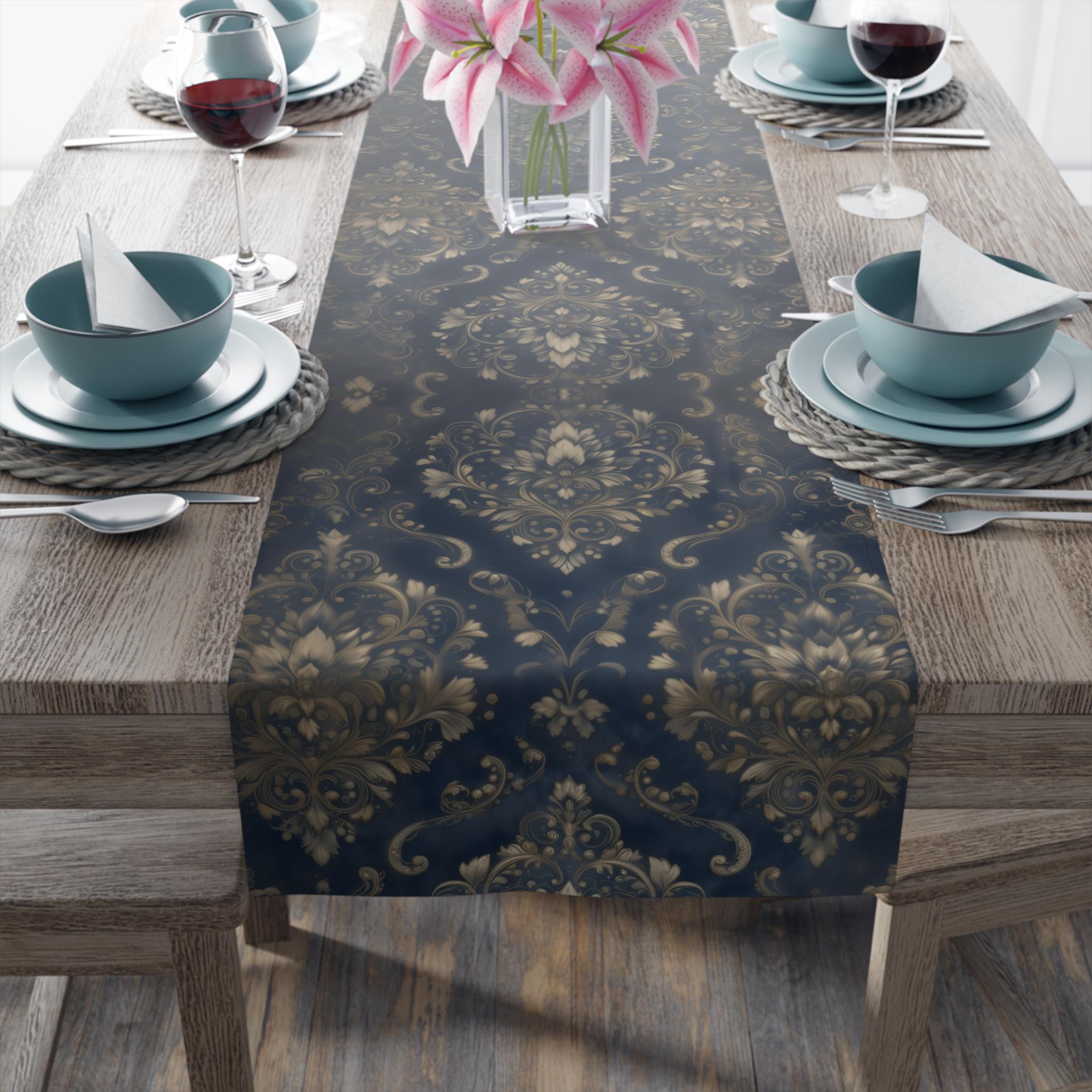 Elegant Baroque Navy & Gold Damask Table Runner: Vintage-Inspired Dining Room Accent