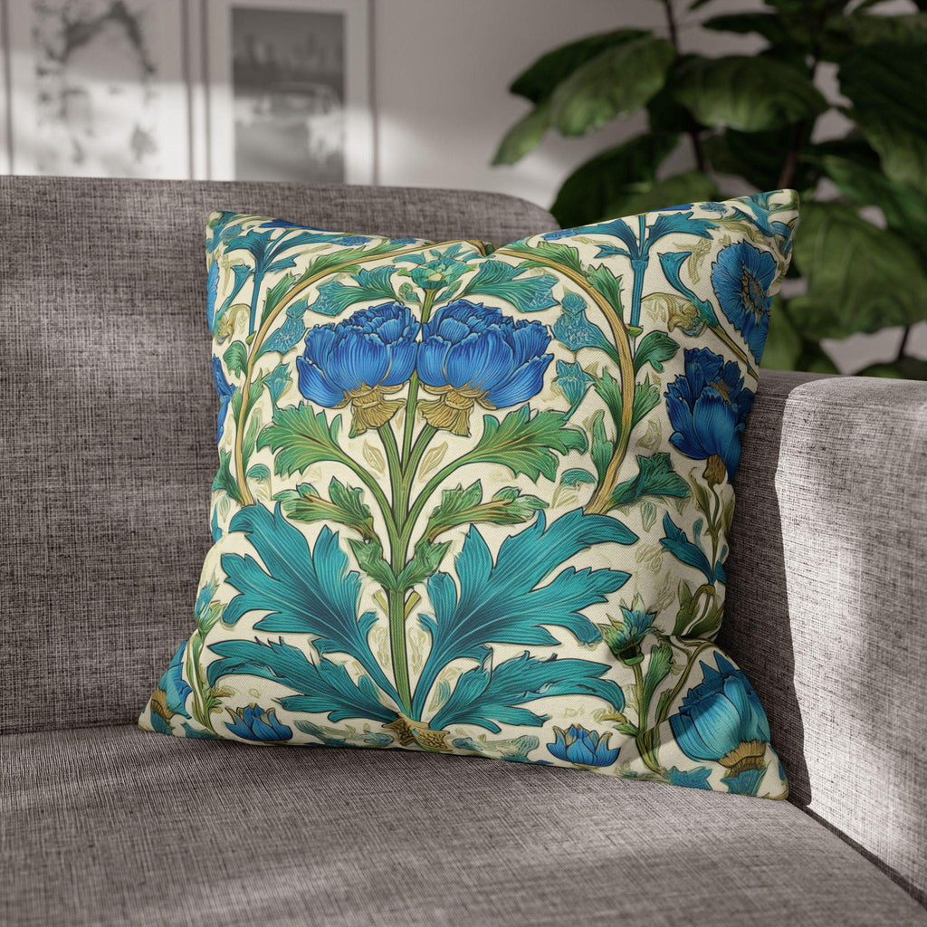William Morris Inspired Teal Floral Pillow Cover: Art Nouveau Botanical Accent for Victorian Decor