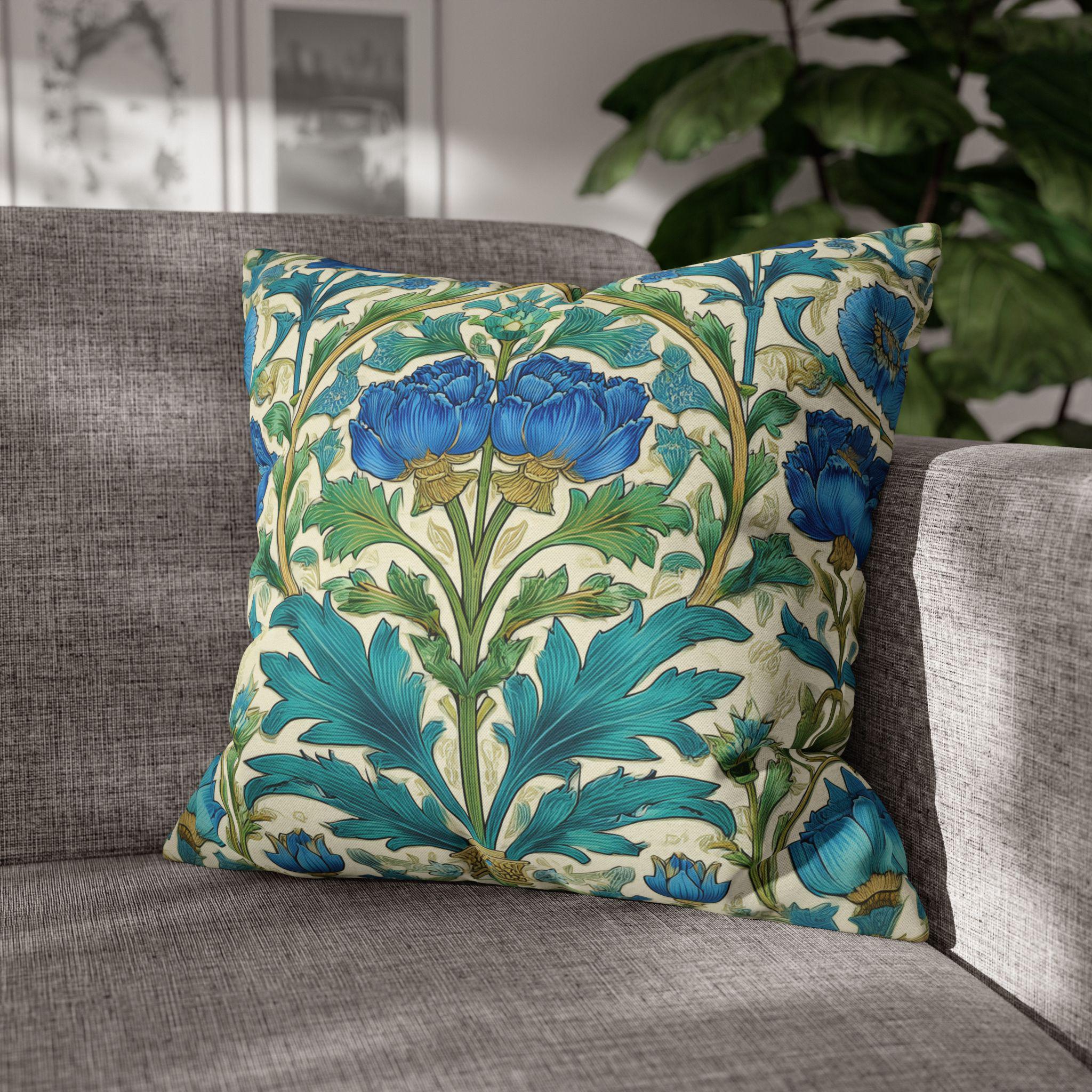 William Morris Inspired Teal Floral Pillow Cover: Art Nouveau Botanical Accent for Victorian Decor