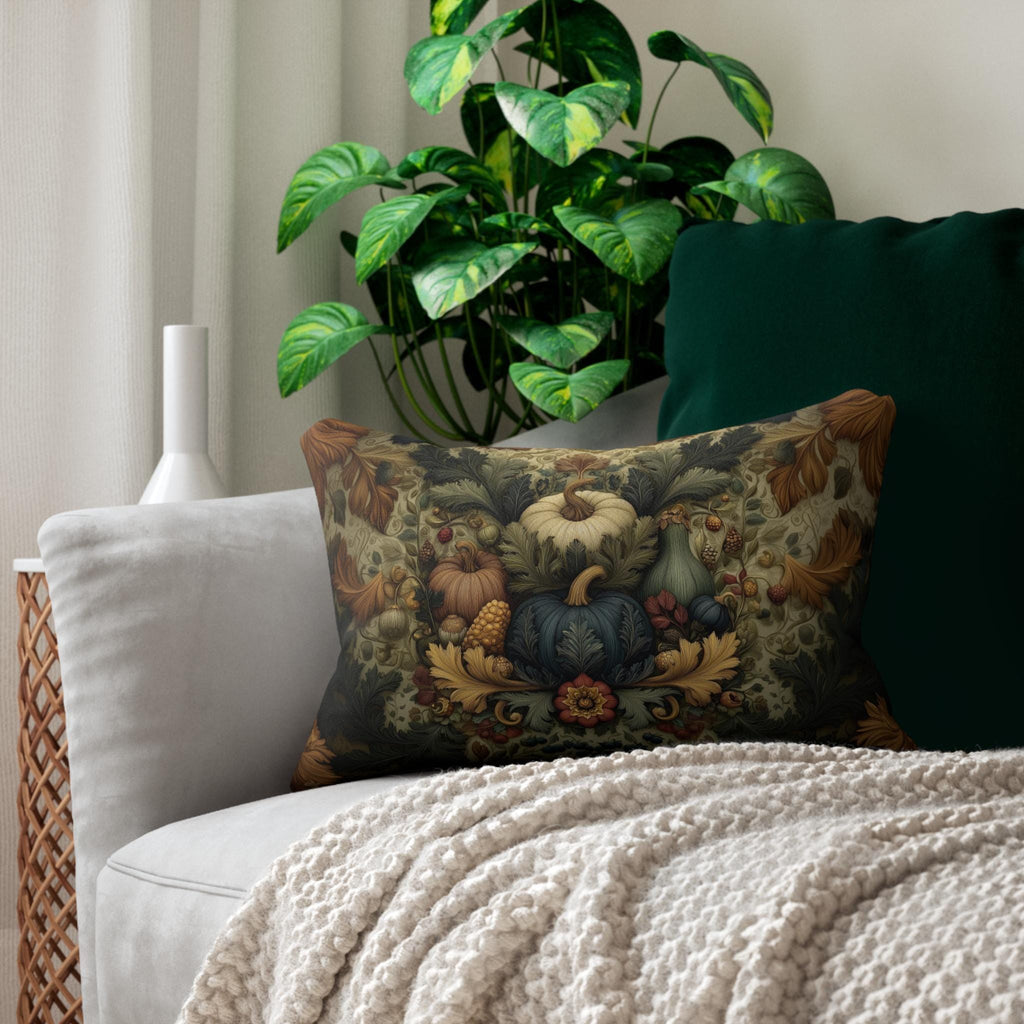 William Morris Inspired Autumn Harvest Tapestry Lumbar Pillow: Deep Teal with Ivory Blue & Gold