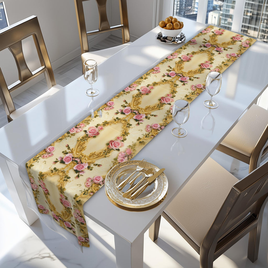 Wedding Table Runner with Pink Roses and Gold Scrollwork: Romantic Victorian Floral