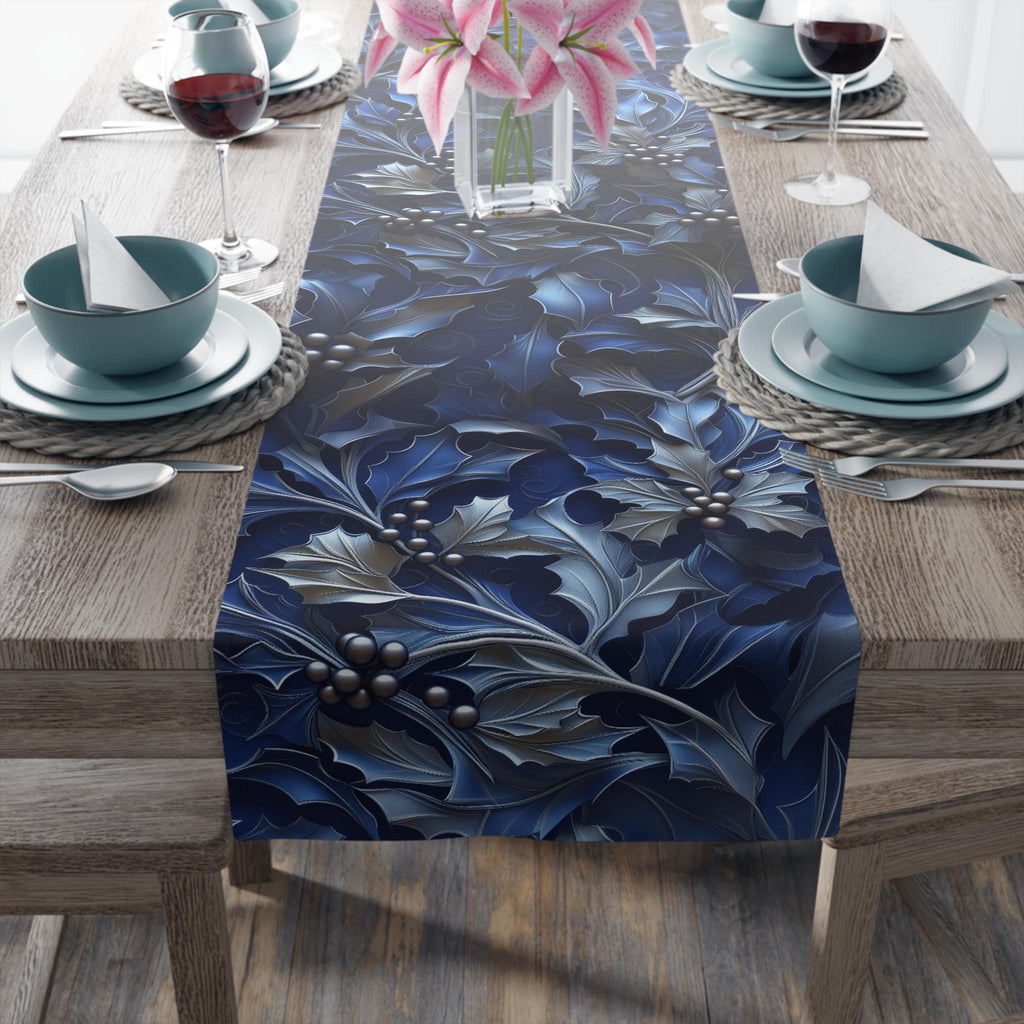Elegant Silver & Blue Holly Leaf Christmas Table Runner - Moody Contemporary Holiday Decor
