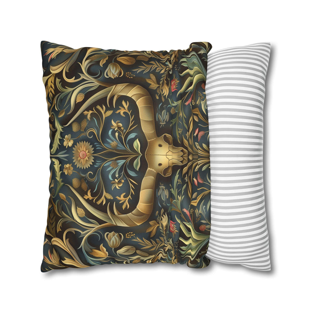 Southwest Floral Skull Pillow: William Morris Inspired Western Decor, Botanical Horned Cushion Cover