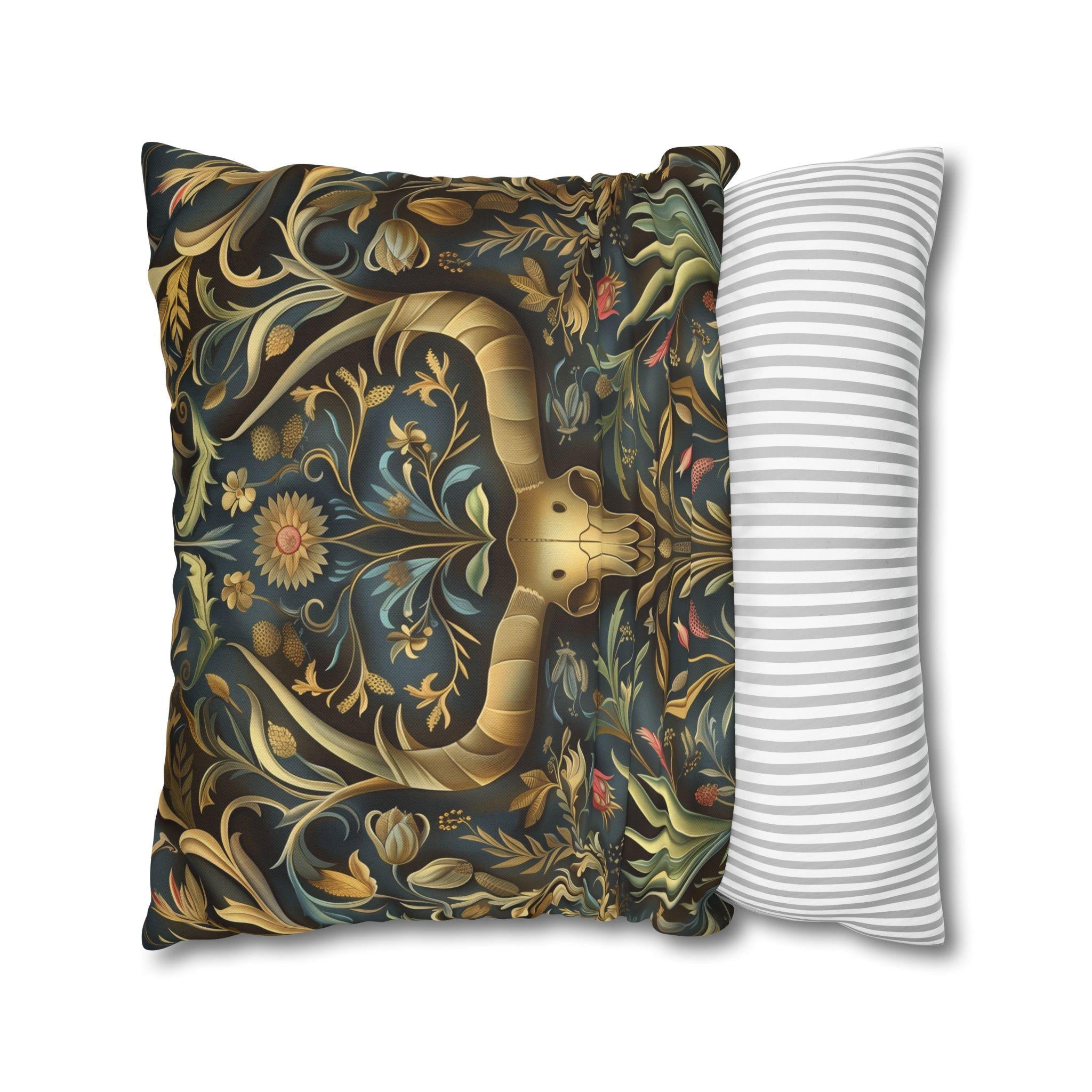 Southwest Floral Skull Pillow: William Morris Inspired Western Decor, Botanical Horned Cushion Cover