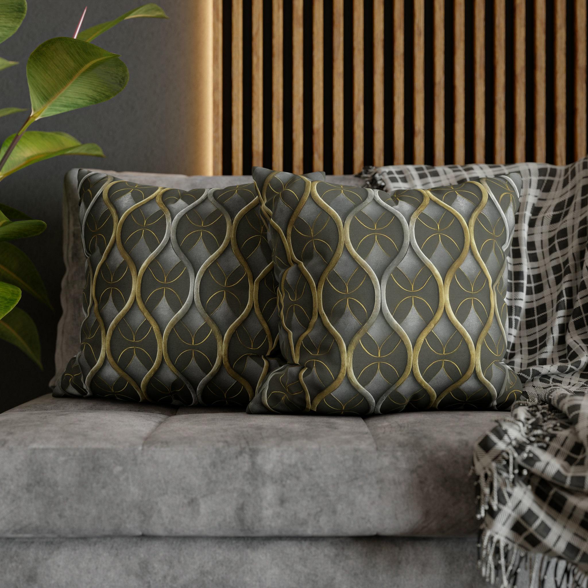 Art Deco Pillow Cover: Metallic Gold Trellis, Dark Gray Cushion
