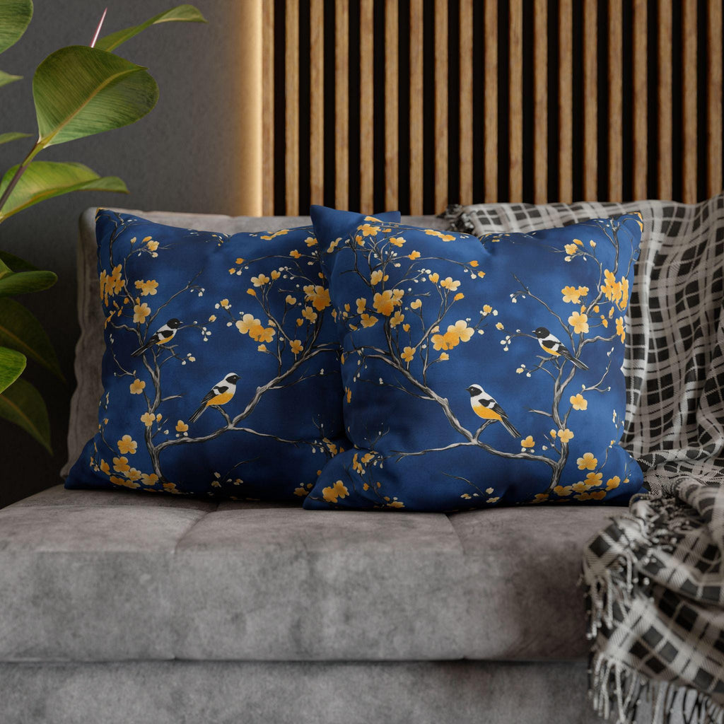 Royal Blue Chinoiserie Pillow Cover: Elegant Asian-Inspired Cushion with Yellow Blossoms and Birds
