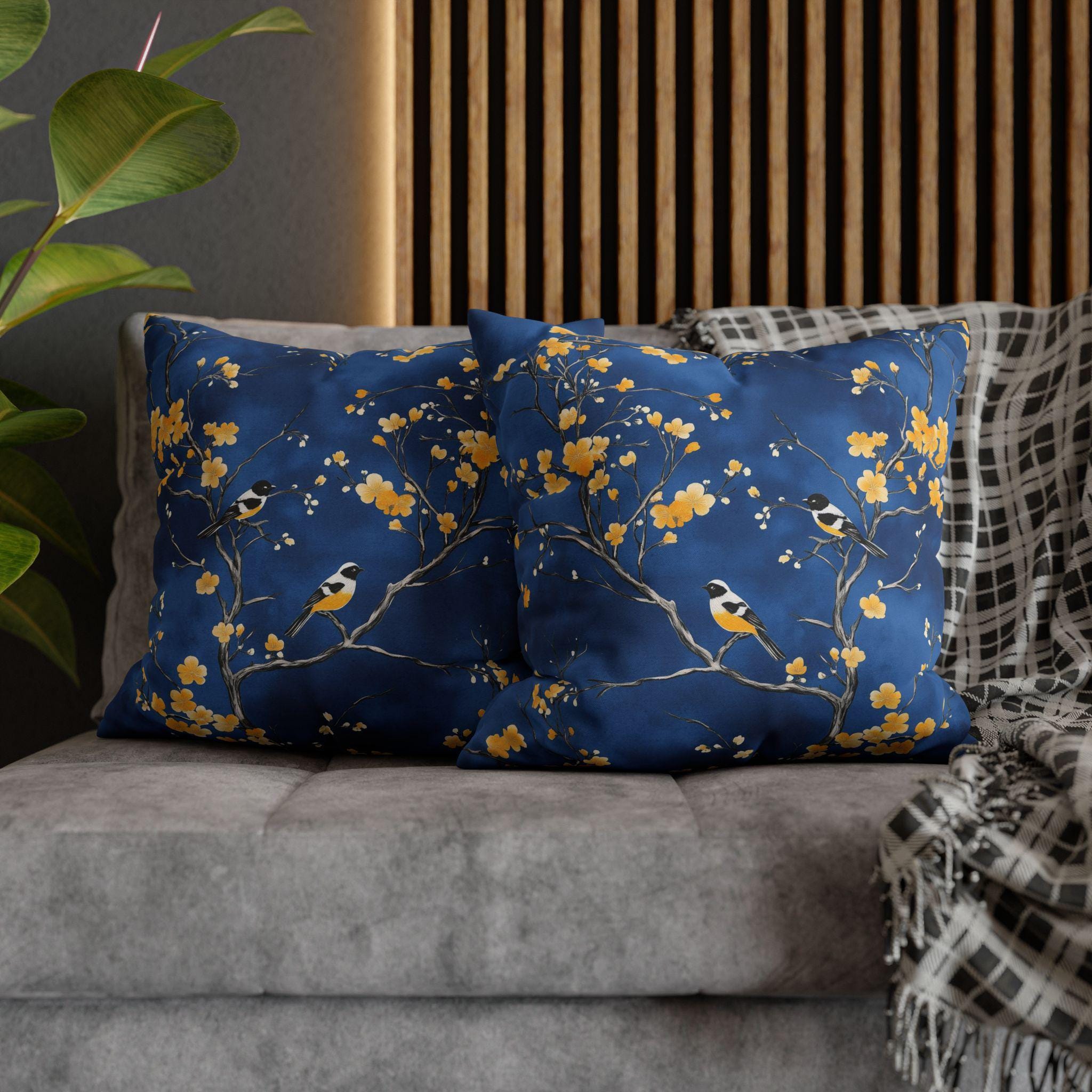 Royal Blue Chinoiserie Pillow Cover: Elegant Asian-Inspired Cushion with Yellow Blossoms and Birds