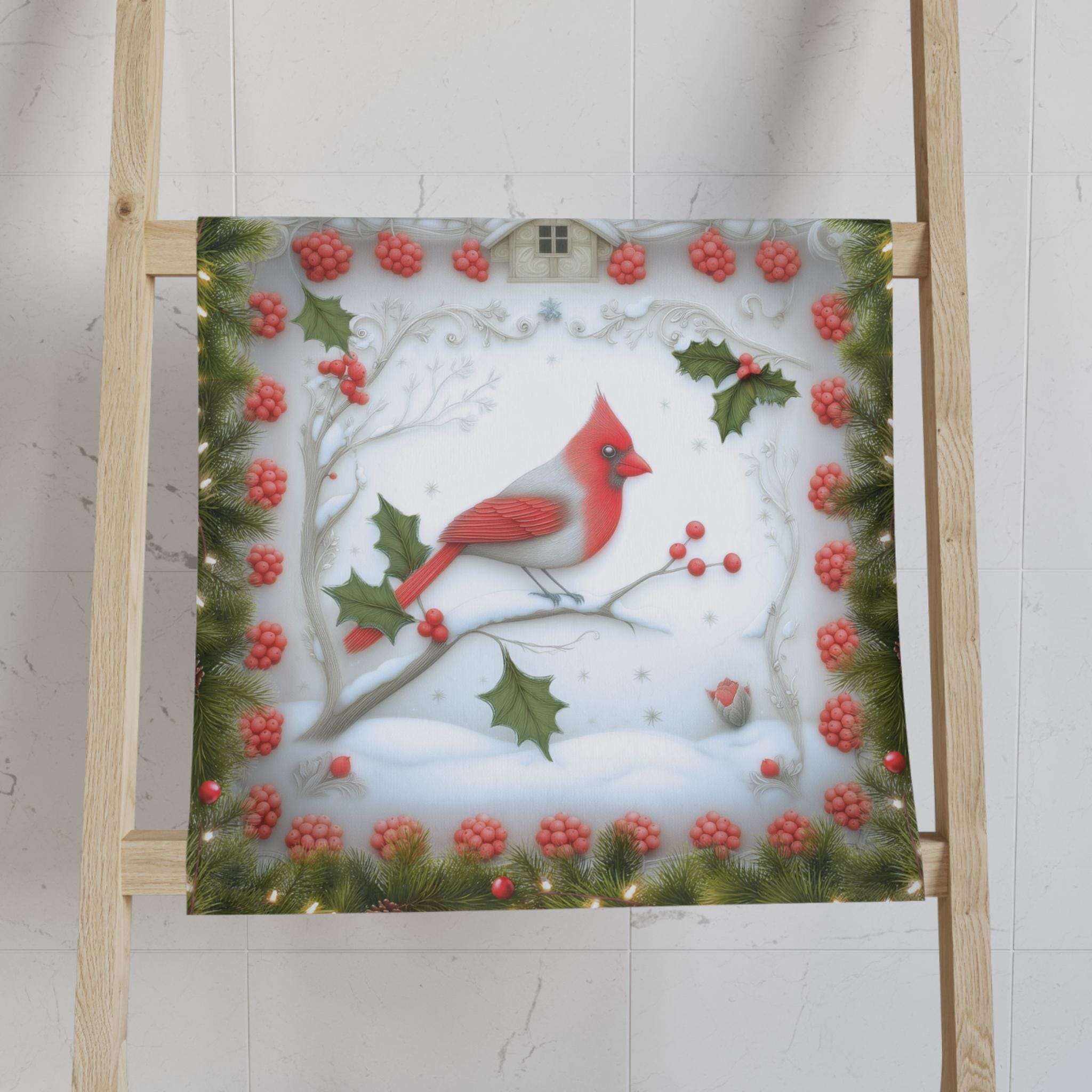 Red Cardinal Christmas Hand Towel: Winter Berry Tea Towel