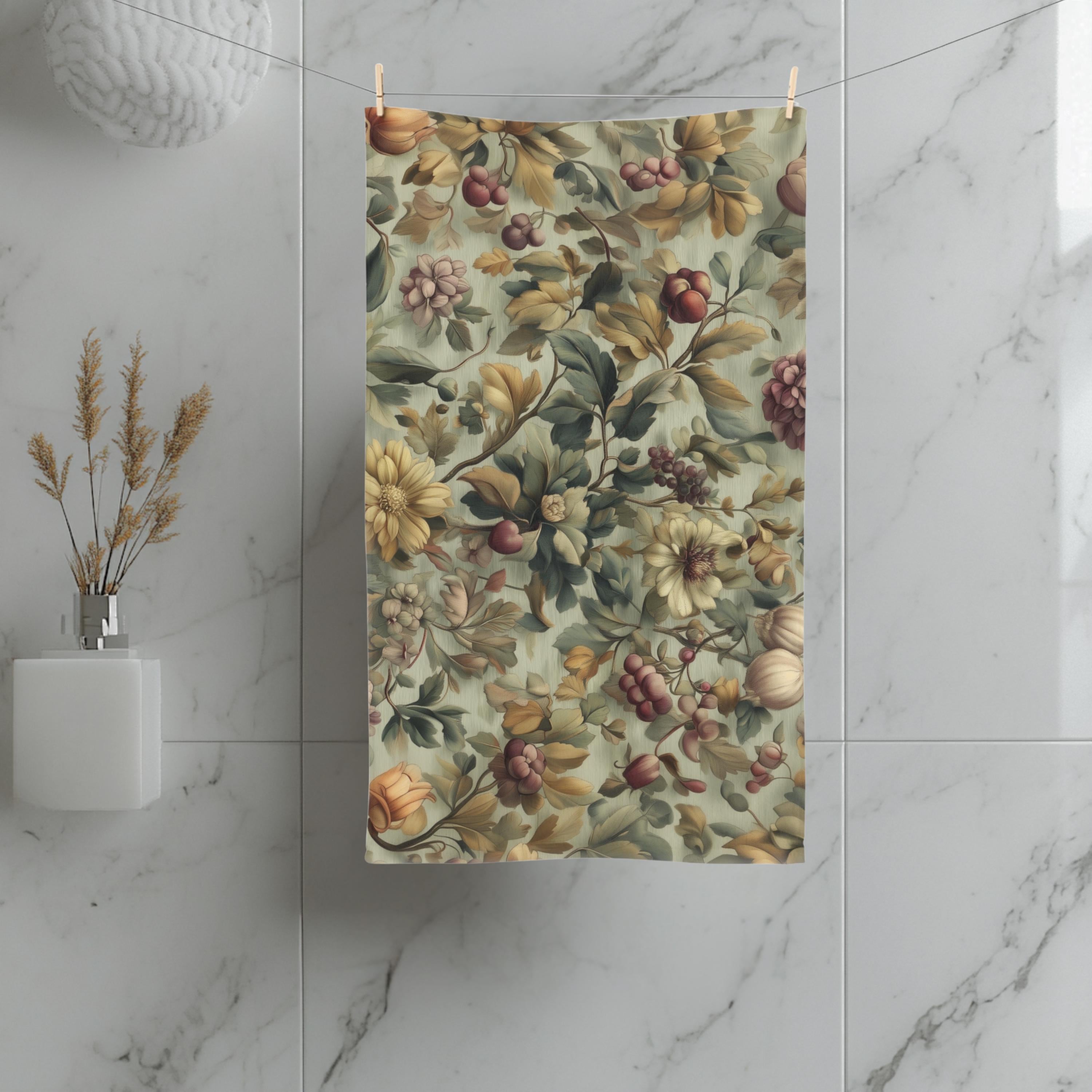William Morris Inspired Fall Botanical Hand Towel: Sage Mint, Wine, Wheat