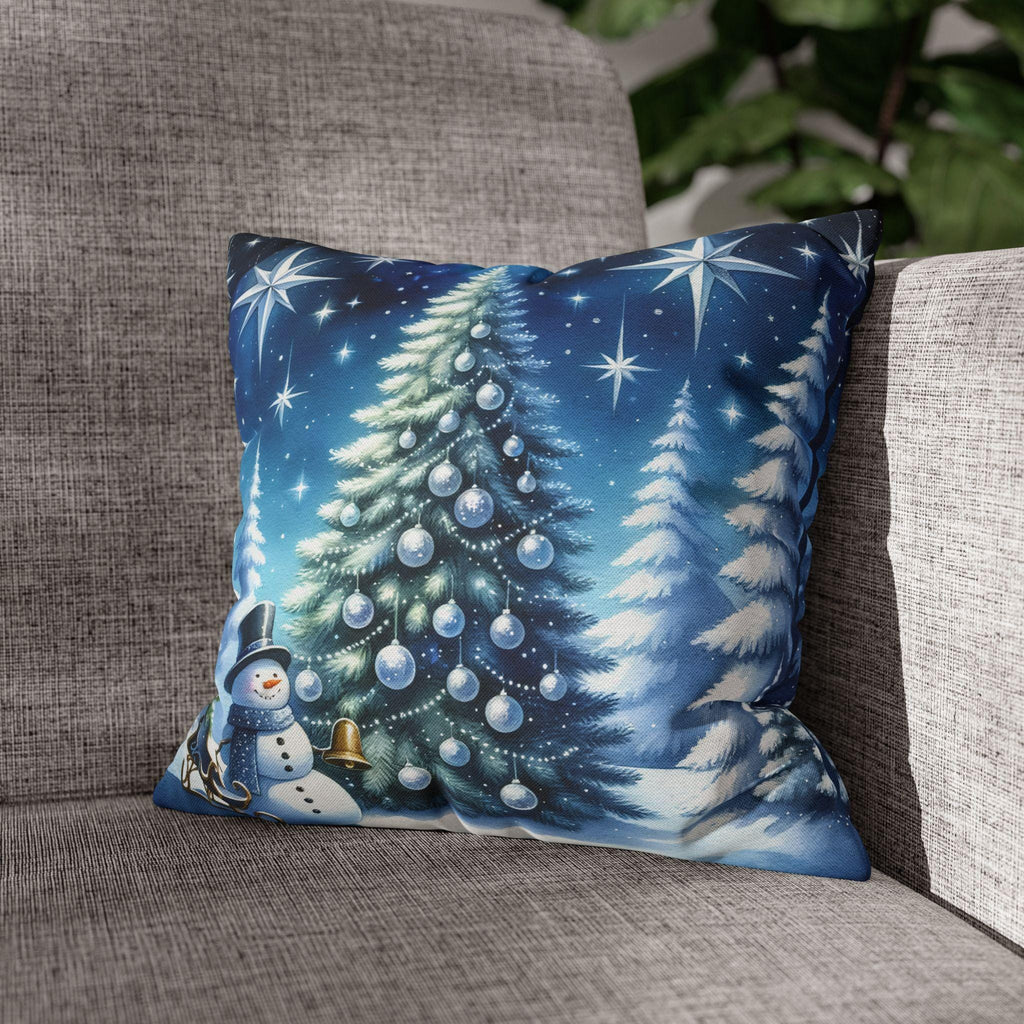Serene Watercolor Style Christmas Pillow Cover: Snowman & Tree Winter Decor