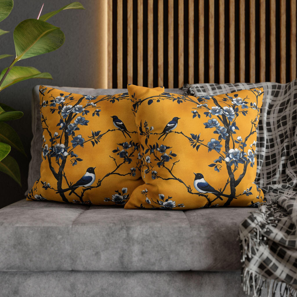 Elegant Chinoiserie Bird Pillow Cover: Golden Yellow & Blue Floral Cushion Case for Eclectic Decor