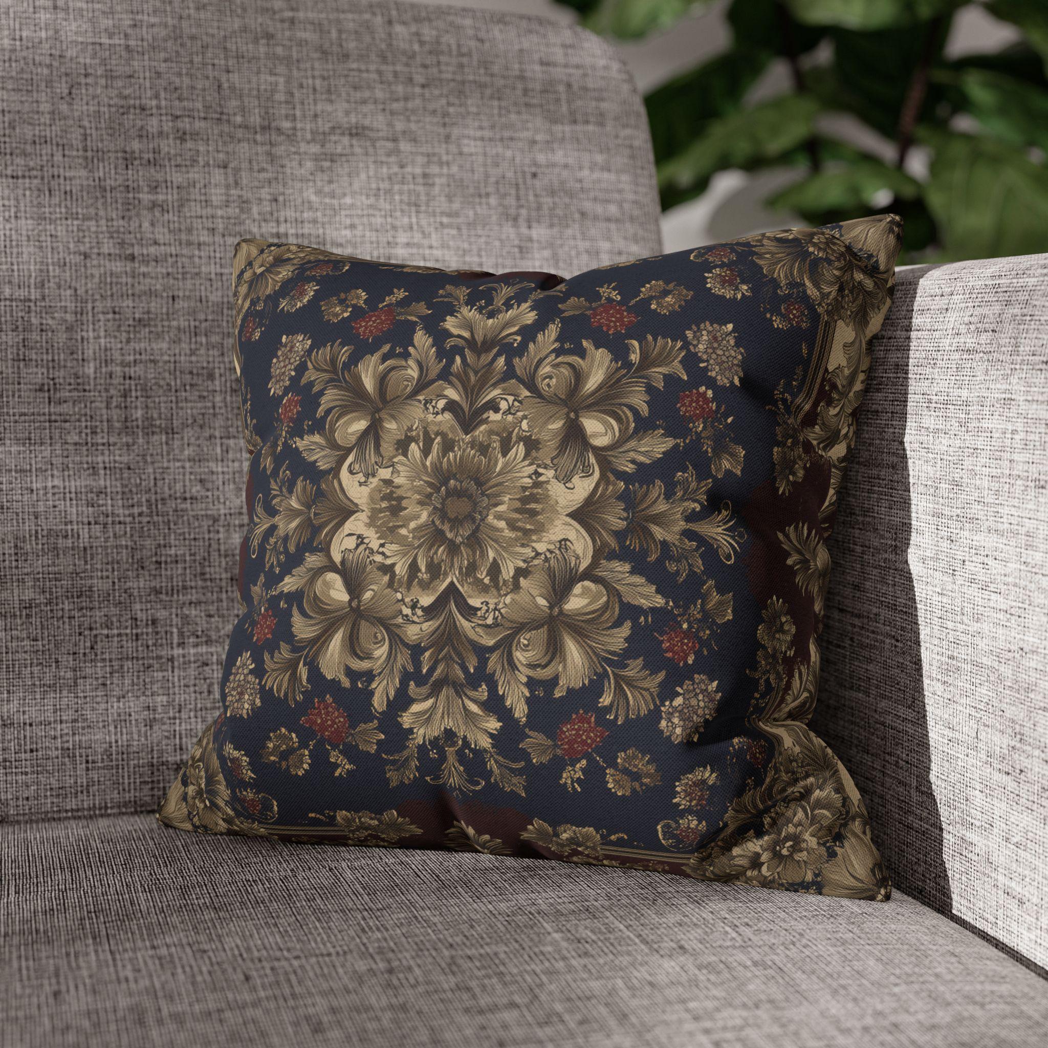Elegant Vintage-Inspired Tapestry Pillow Cover: Gold Floral Medallion on Navy and Burgundy