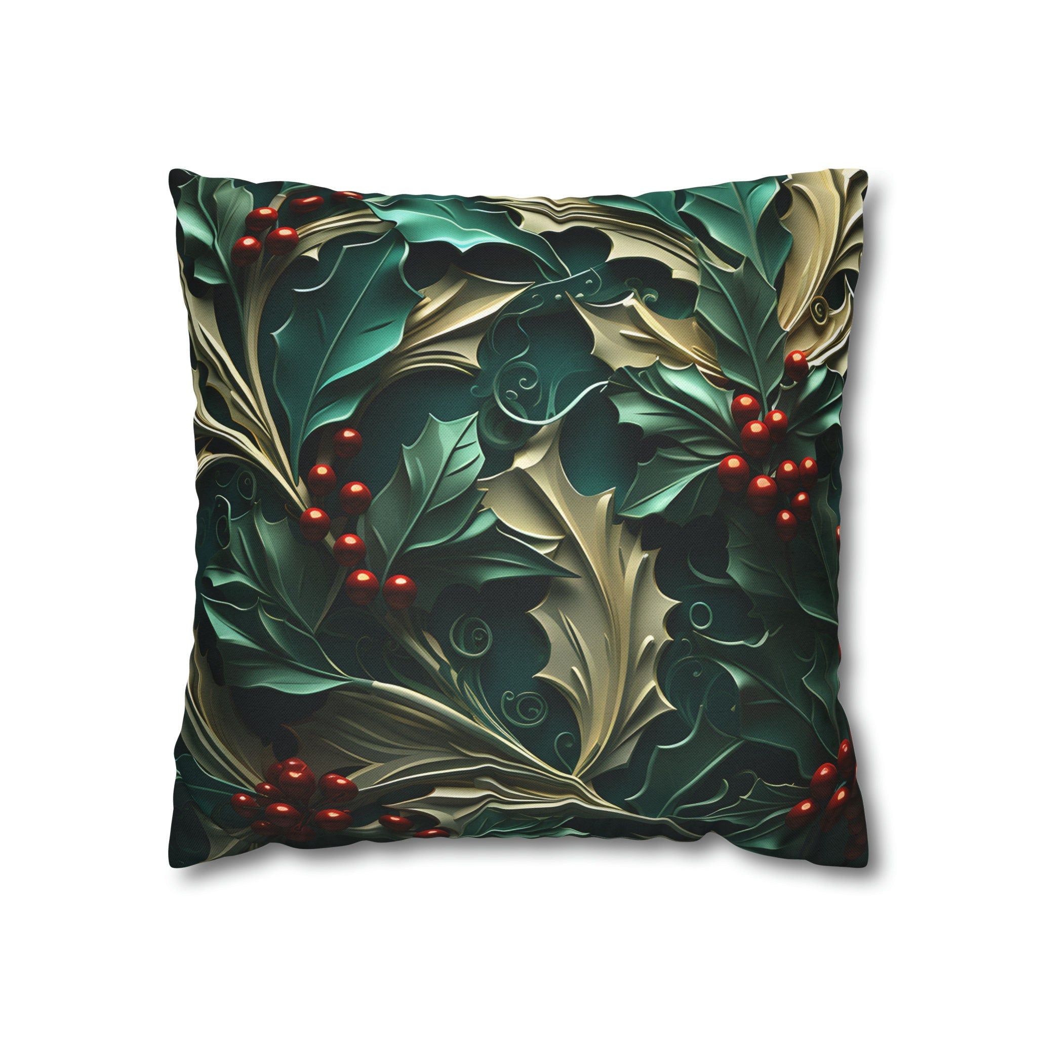 Holly Berry Christmas Pillow Cover: Deep Green & Red Holiday Decor