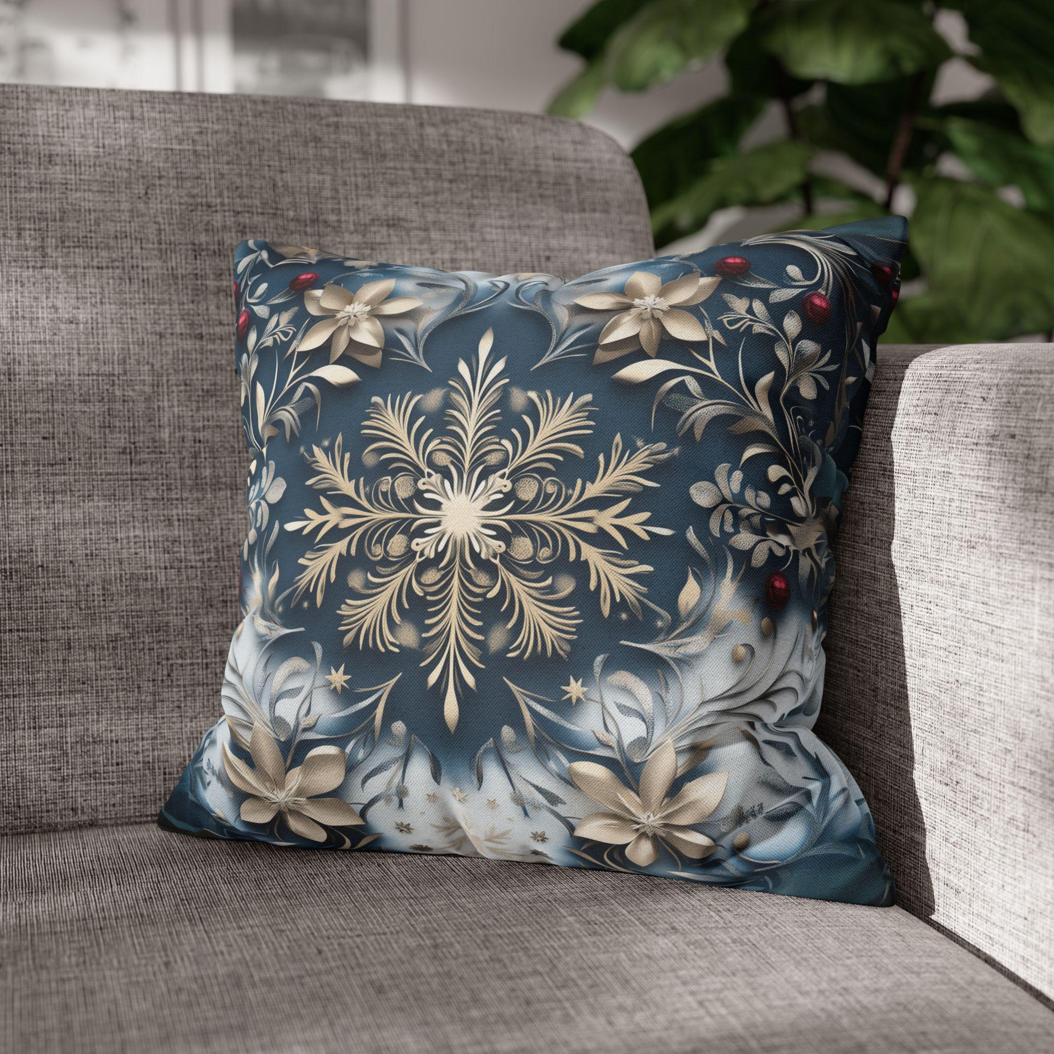 Opulent Golden Snowflake Pillowcase: Festive Winter Decor, Luxurious Square Cushion Cover for Elegant Homes