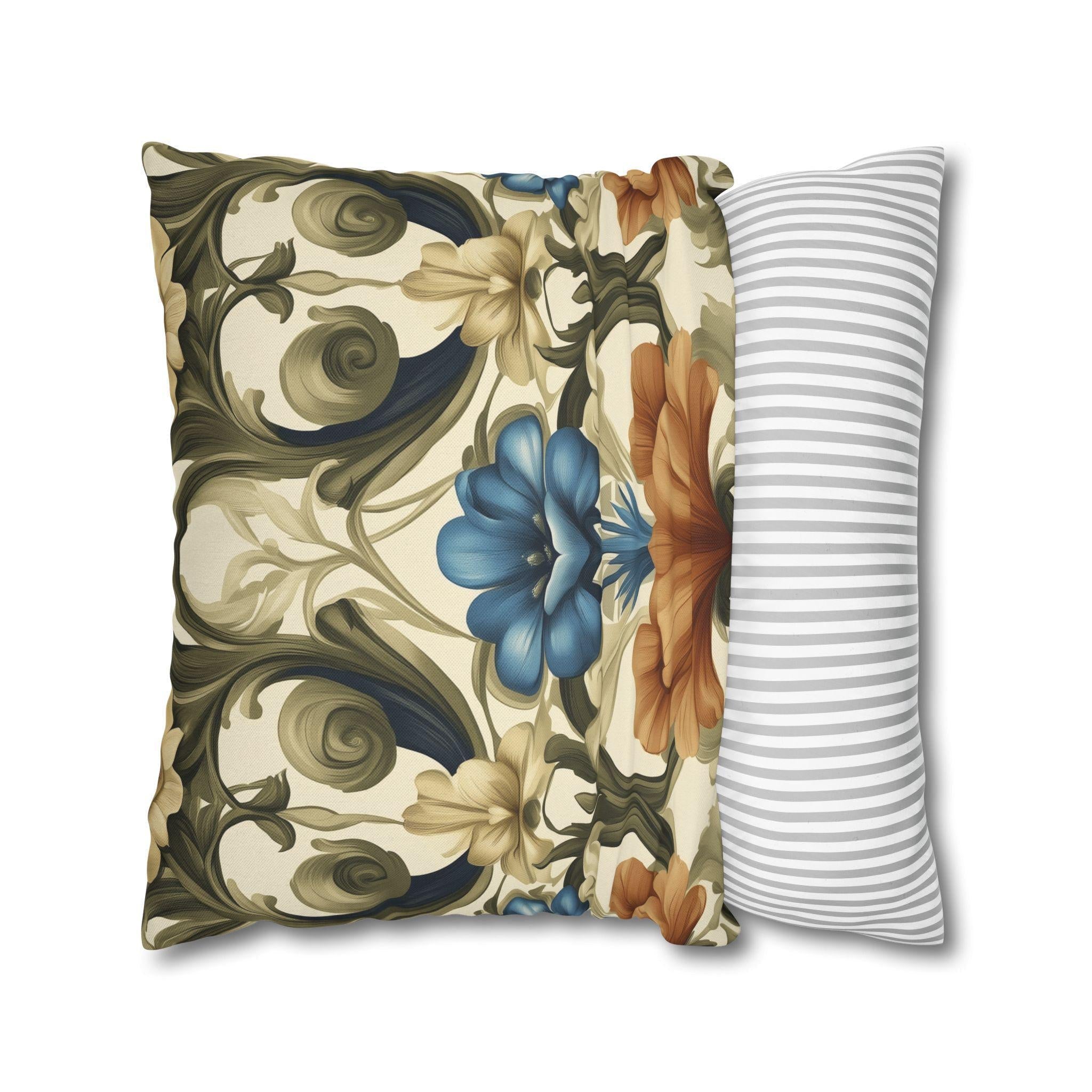 William Morris Floral Pillow Cover: Blue, Orange Blooms, Elegant Home Decor