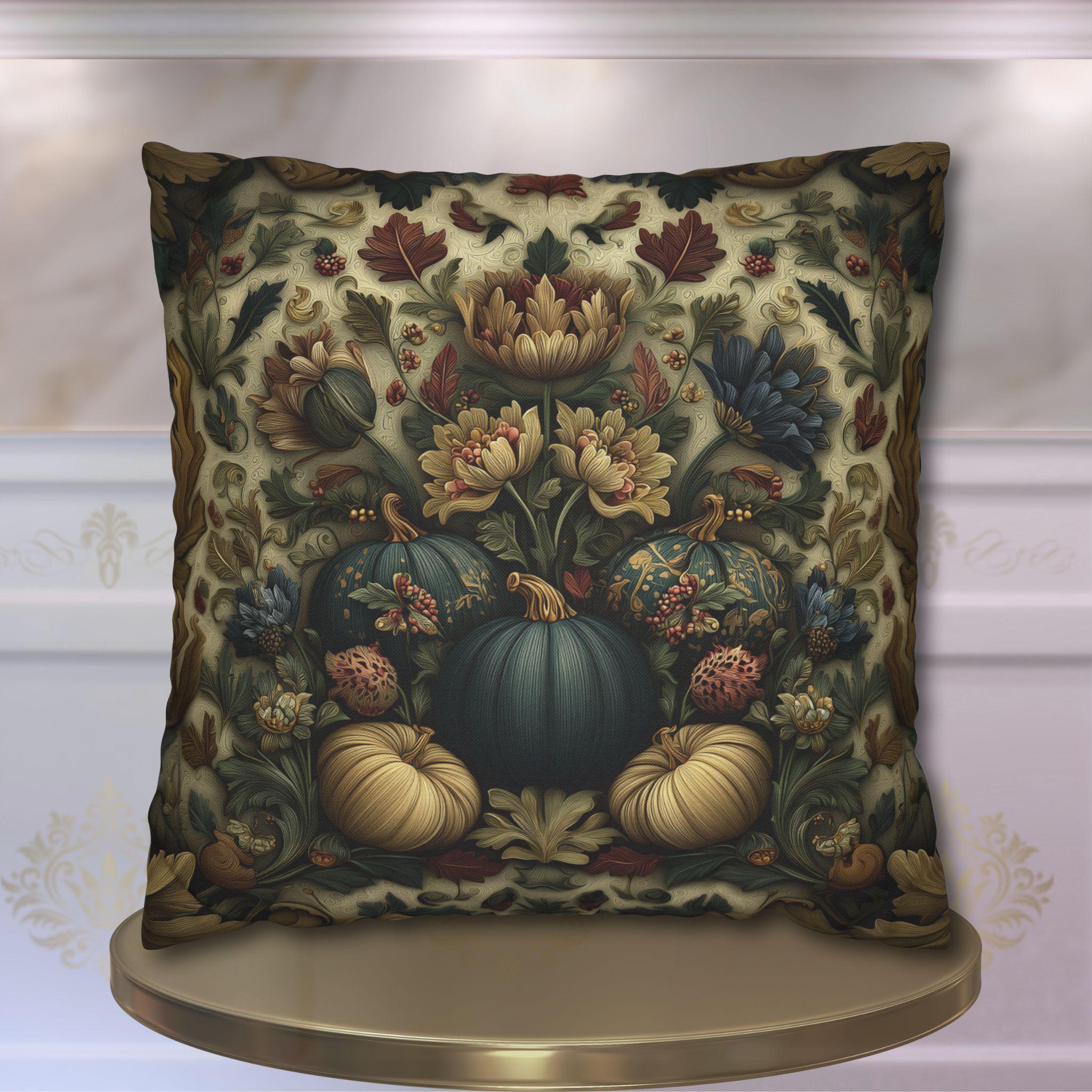 William Morris Inspired Autumn Pillow Cover: Blue Gold & Ivory Botanical Harvest Design