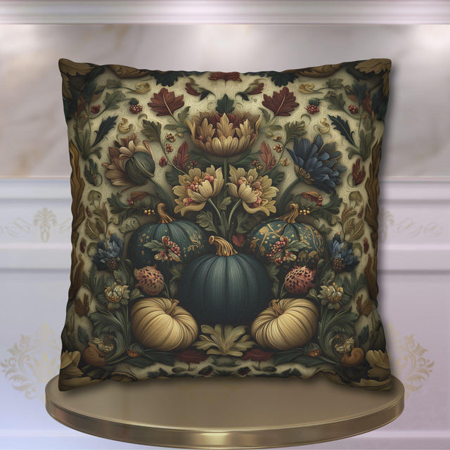 William Morris Inspired Autumn Pillow Cover: Blue Gold & Ivory Botanical Harvest Design