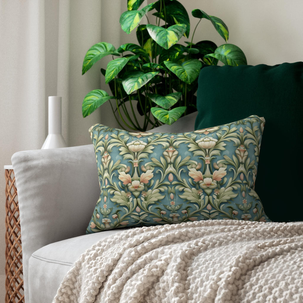 William Morris Lumbar Pillow: Teal Botanical Floral Cushion