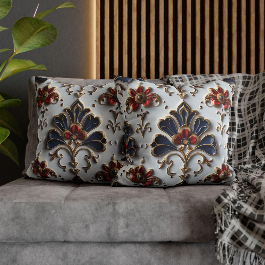 Baroque Floral Pillow Cover: Navy Blue, Gold & Red Accent