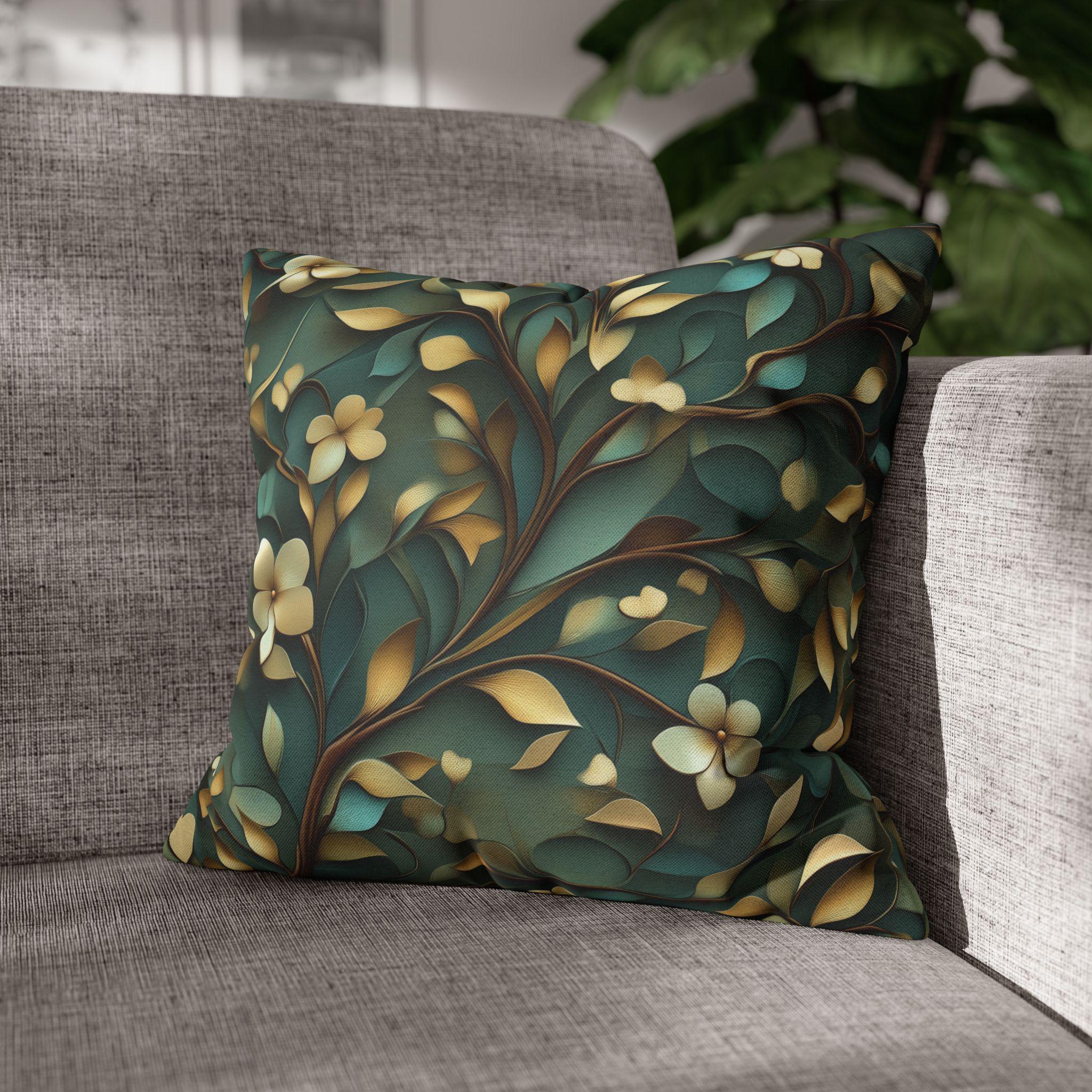 Luxurious William Morris Inspired Floral Pillowcase: Green & Gold Botanical Square Cushion Cover