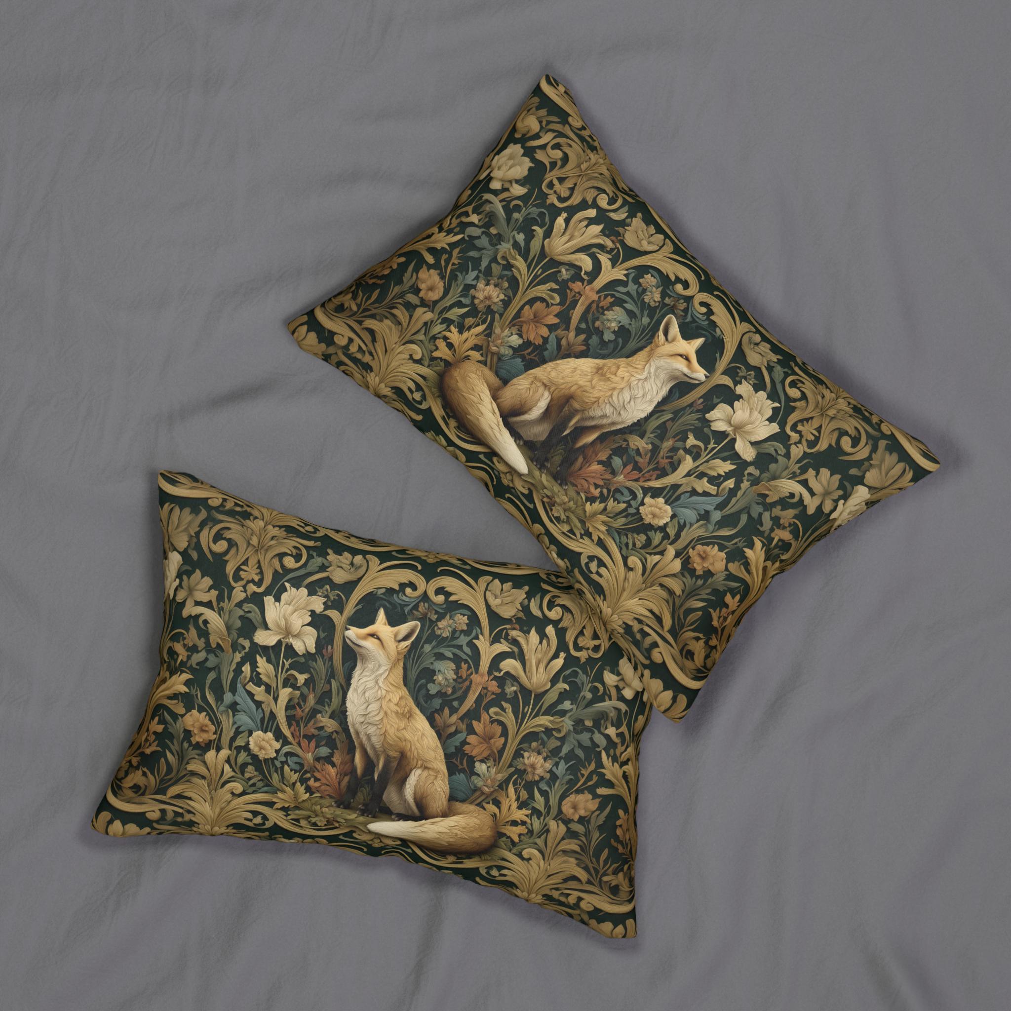 William Morris Fox Lumbar Pillow: Dark Woodland Botanical Arts & Crafts Decor