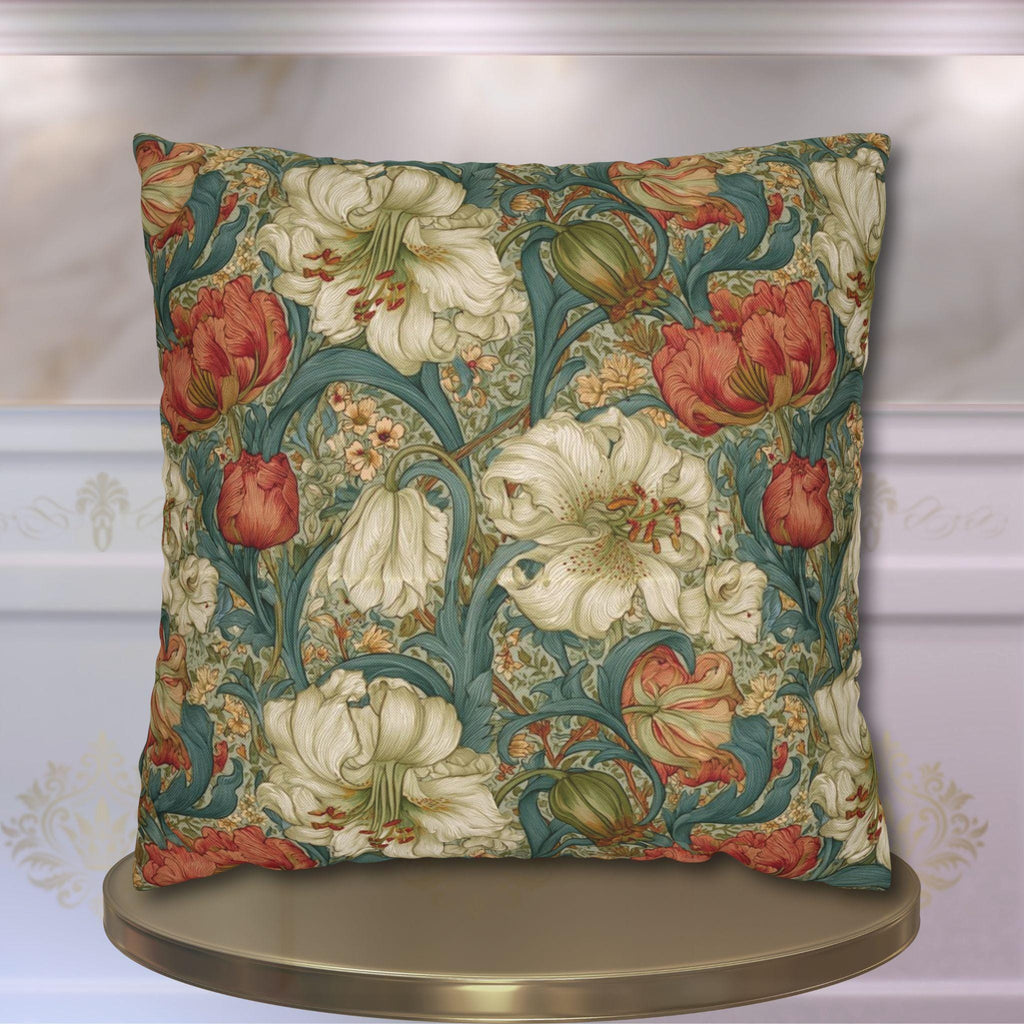 William Morris Style Pillow Cover: Ivory and Coral Lilies on a Celadon Background