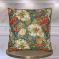 William Morris Style Pillow Cover: Ivory and Coral Lilies on a Celadon Background