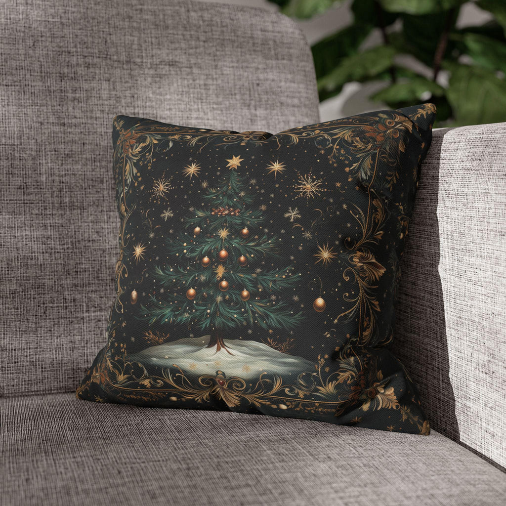 Victorian Christmas Tree Pillow Cover: Gold Filigree & Midnight Black Holiday Decor