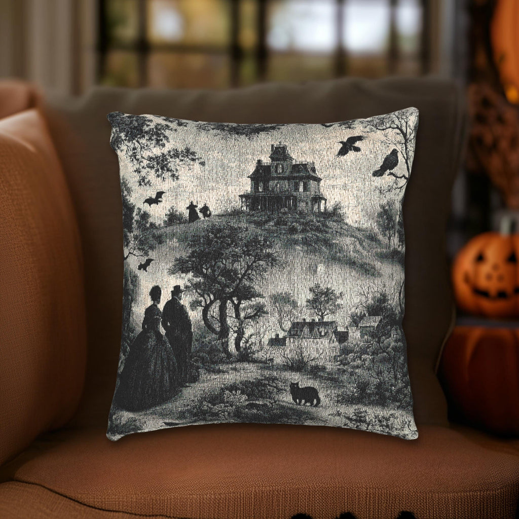 Gothic Toile Tapestry Throw Pillow: Haunted Victorian House, Jacquard Woven Decor