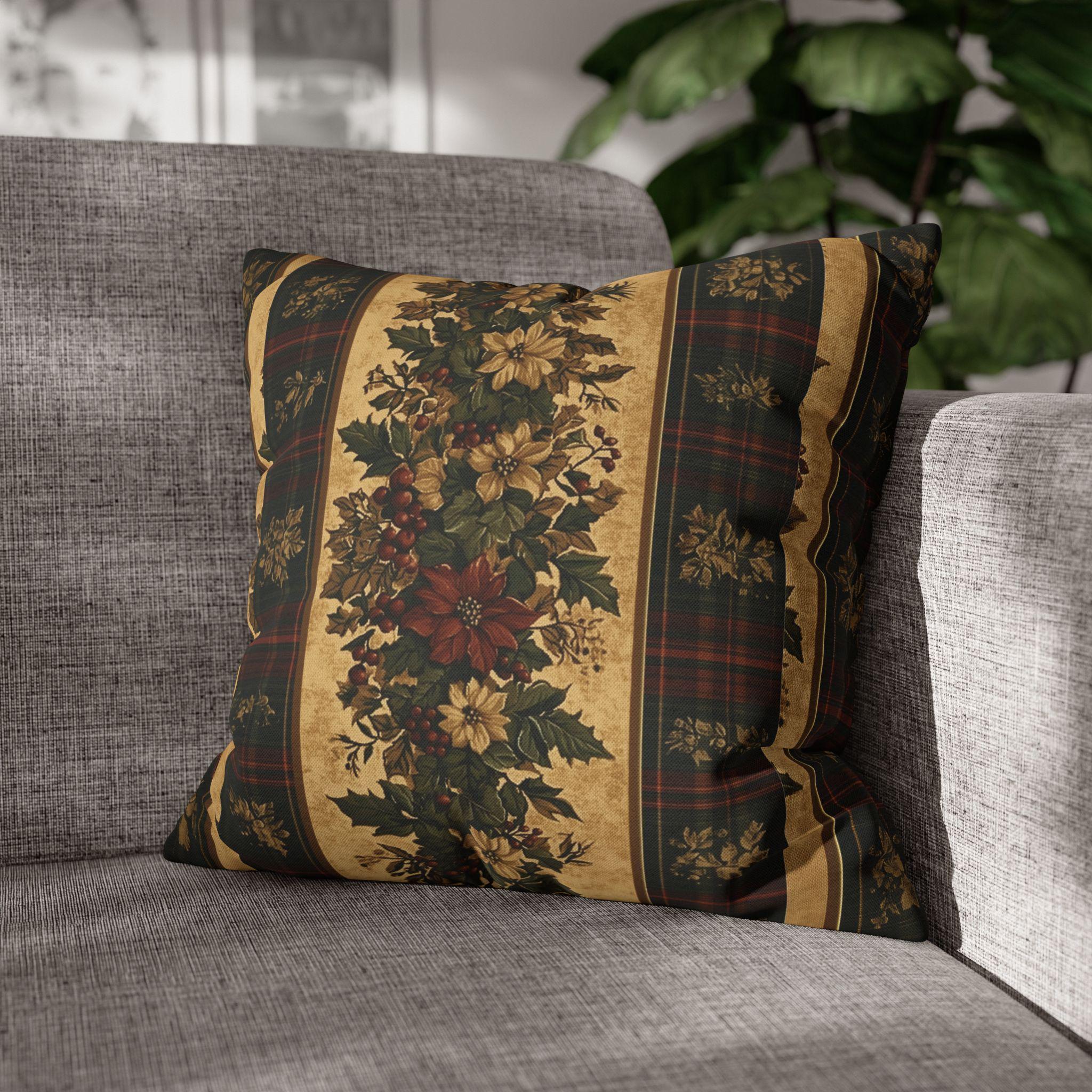 Plaid Botanical Stripes Christmas Throw Pillow Cover: Vintage Style with Poinsettias and Holly