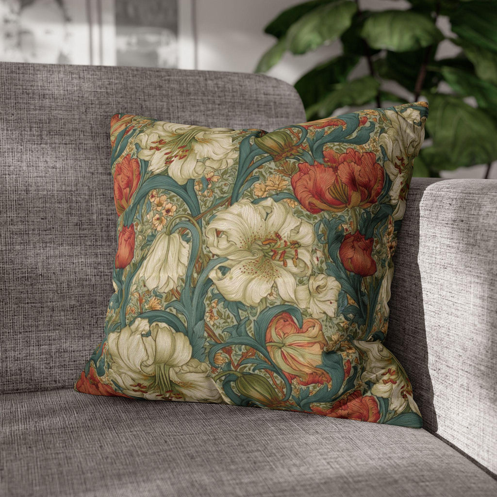 William Morris Style Pillow Cover: Ivory and Coral Lilies on a Celadon Background