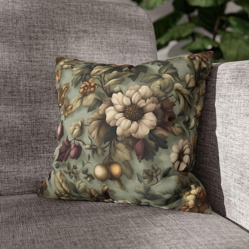 William Morris Inspired Autumn Garden Pillow Cover: Seafoam, Taupe, Merlot Floral Elegance