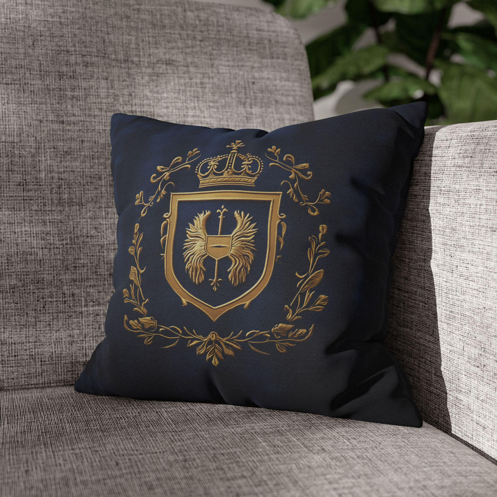 Regal Golden Emblem Navy Blue Pillow Cover: Elegant Home Decor