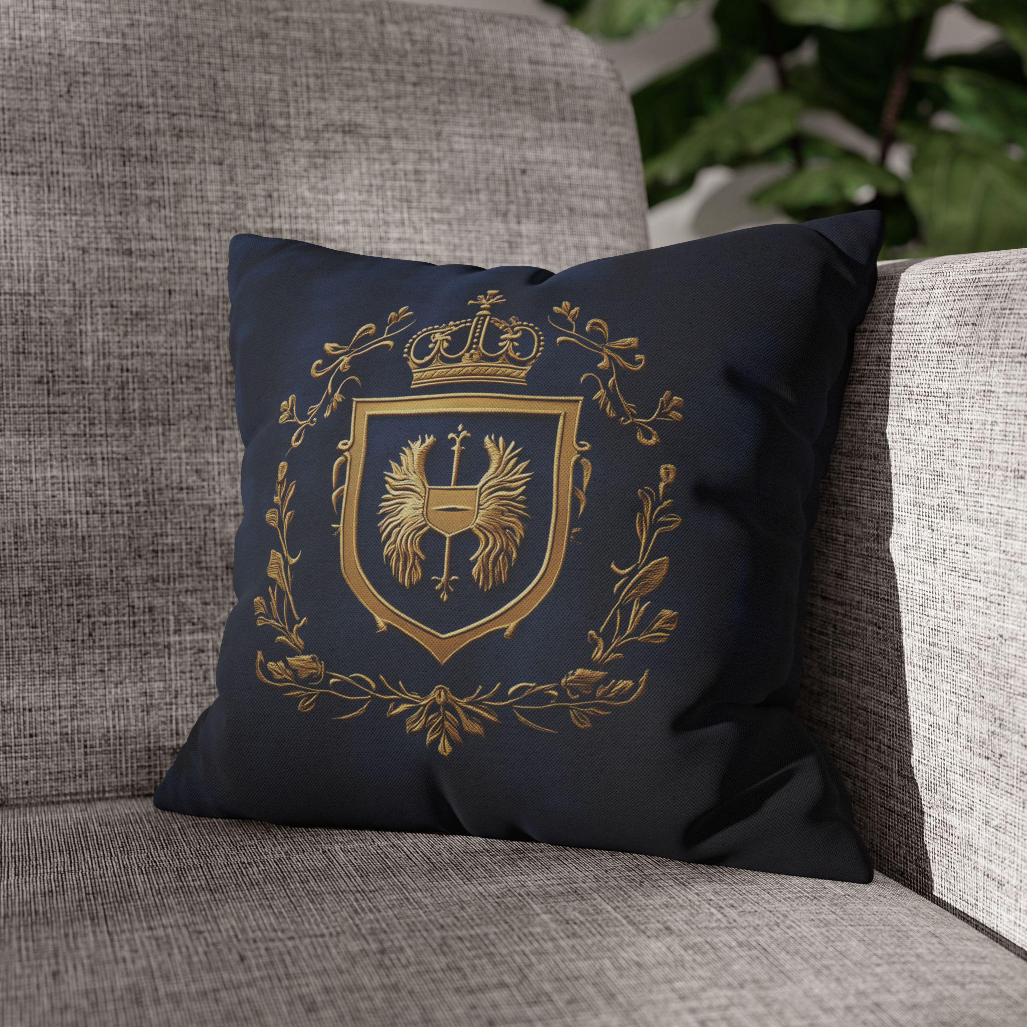 Regal Golden Emblem Navy Blue Pillow Cover: Elegant Home Decor