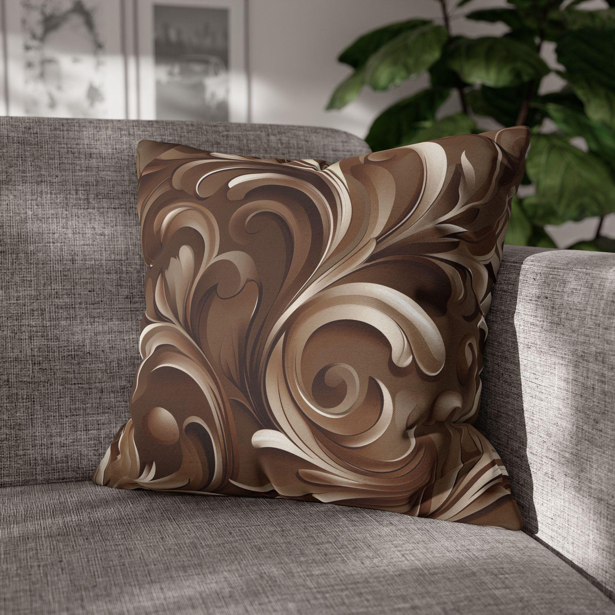 Elegant Floral Baroque Pillow Cover: Mocha Swirl Decorative Accent Cushion Sham for Sofa Pillow