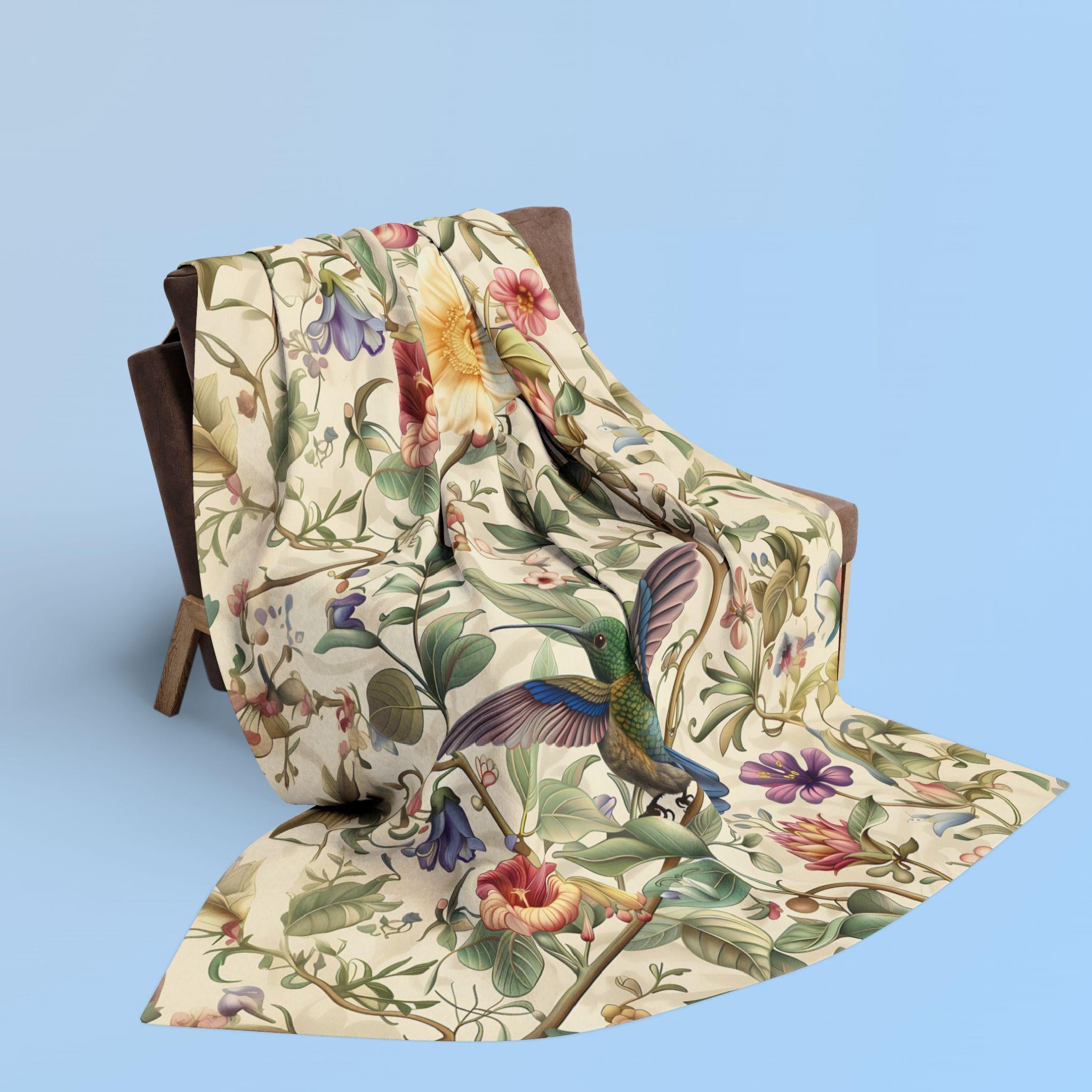 William Morris Inspired Hummingbird Fleece Throw Blanket with Elegant Floral Design