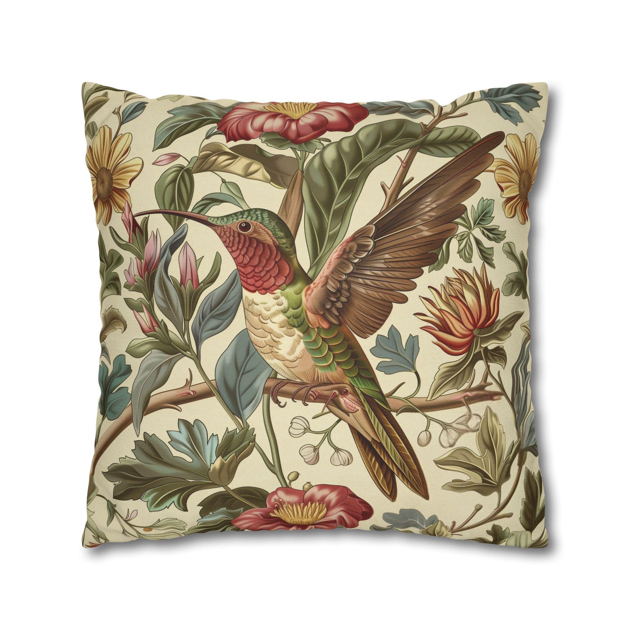 Vintage  Style William Morris Hummingbird Botanical Pillow Cover: Traditional Floral Bird Cushion Home Accent