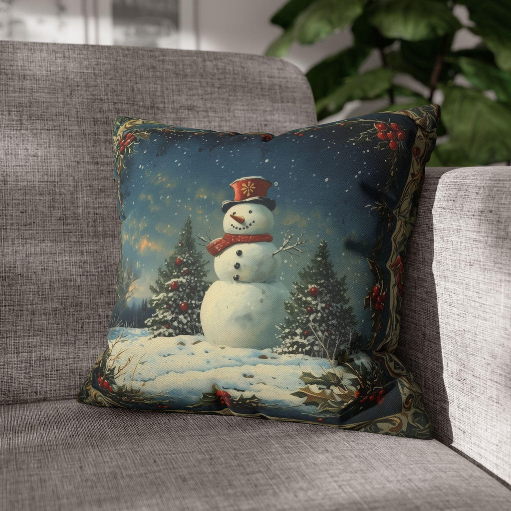Oil Painting Style Christmas Pillow Cover: Snowman & Blue Forest Scene