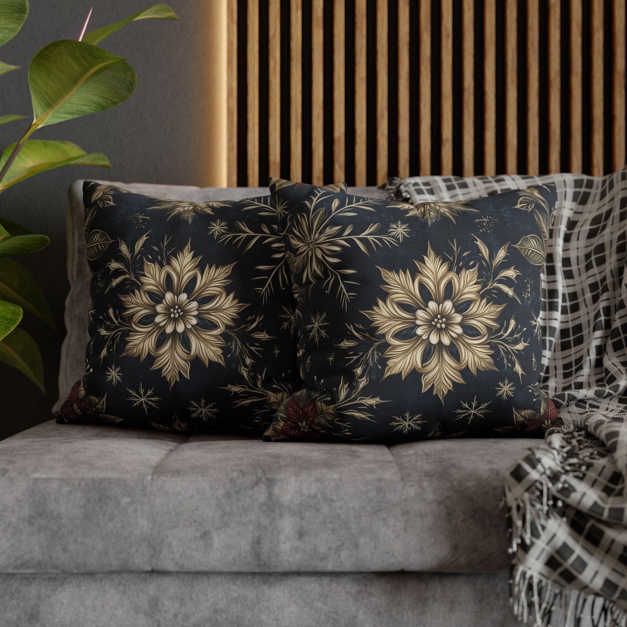 Sophisticated Holiday Pillow Cover | Golden Poinsettia and Snowflake Design | Denim Blue Background