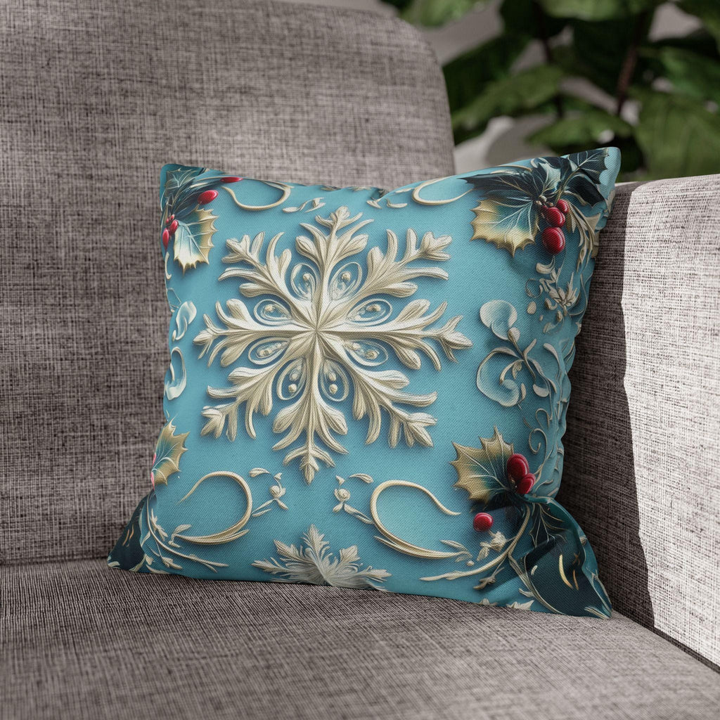 Snowflakes & Blue Christmas Pillow Cover Holly Leaves and Berries Design Gradient Blue Background