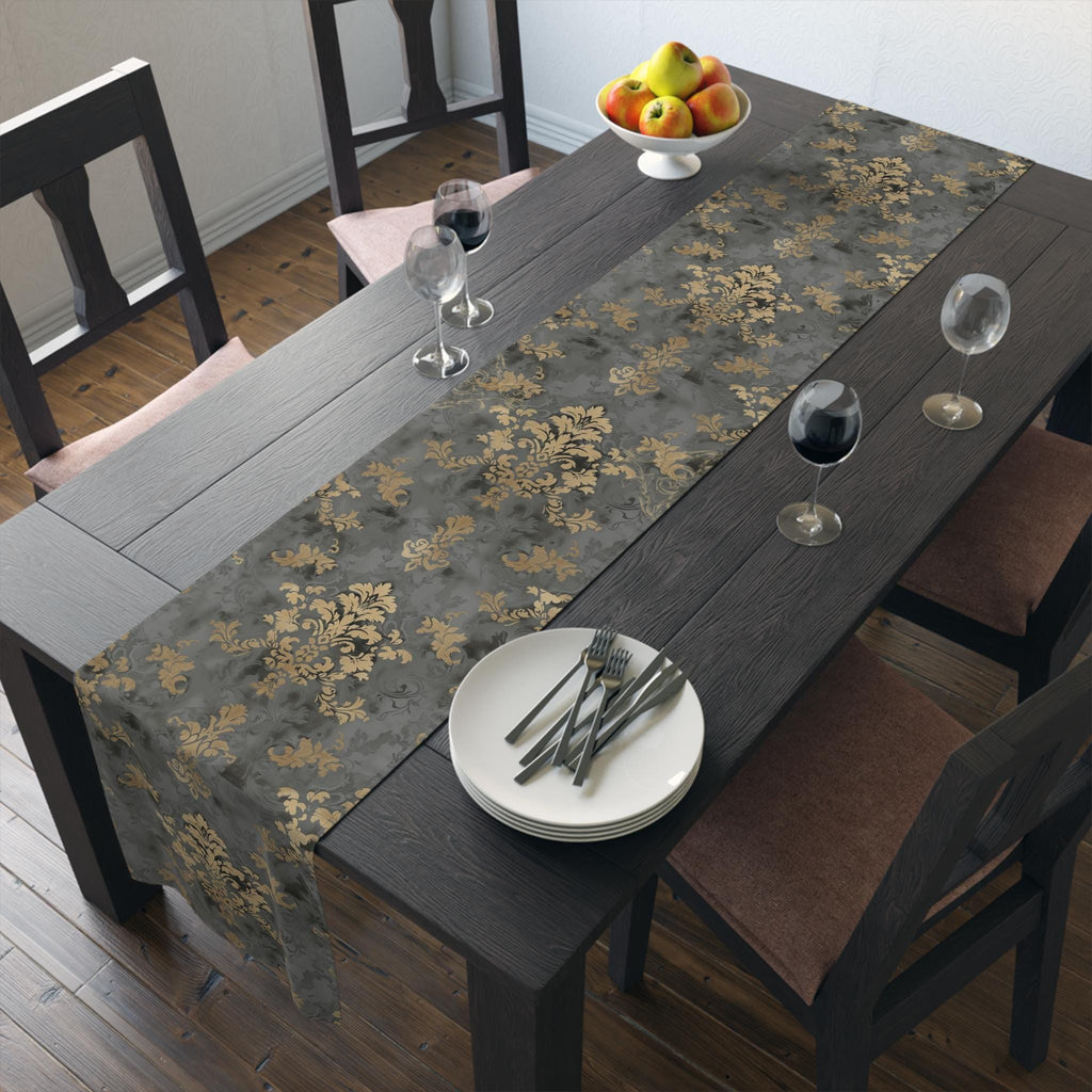 Elegant Damask Table Runner: Muted Gold Floral on Grey for Sophisticated Dining Room Decor