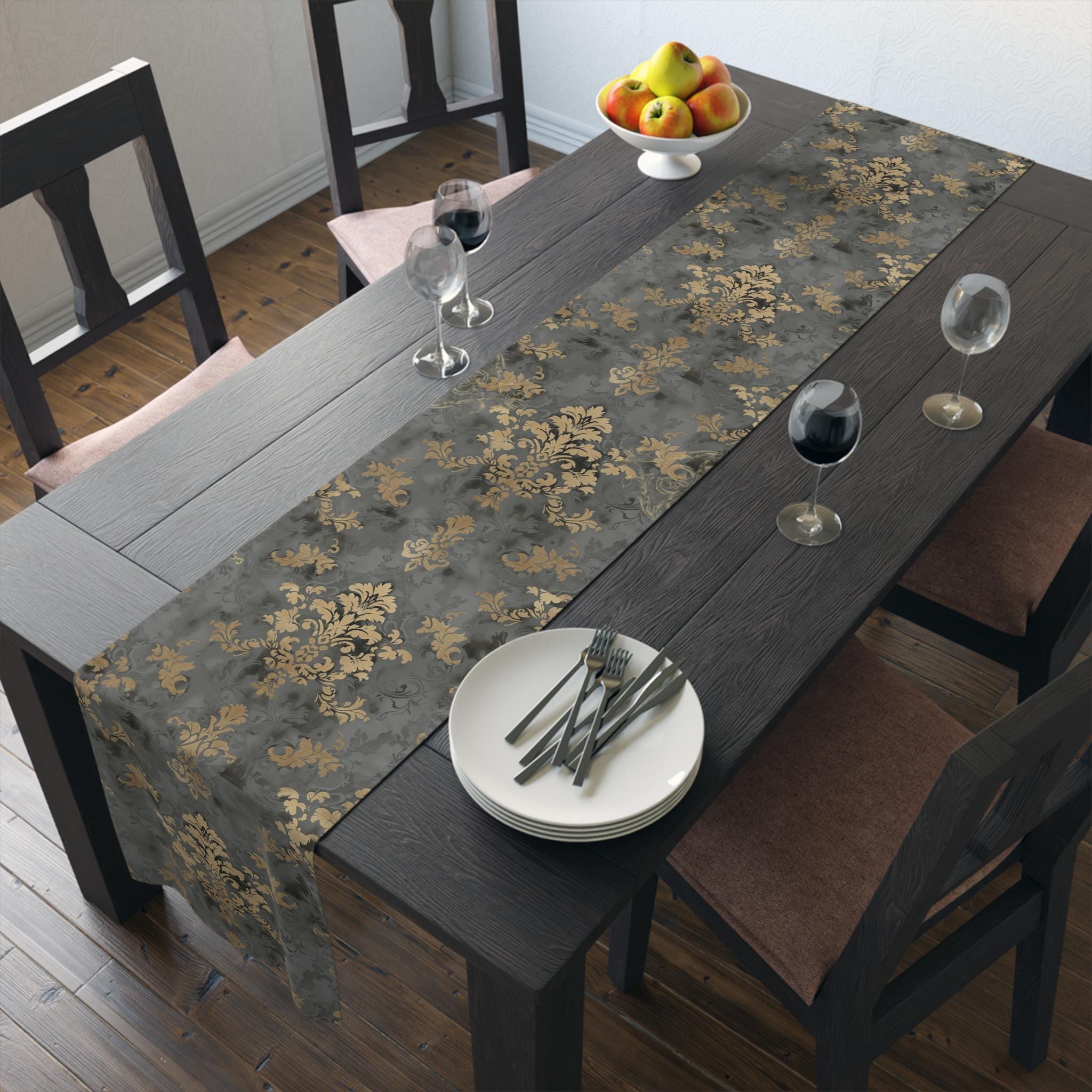 Elegant Damask Table Runner: Muted Gold Floral on Grey for Sophisticated Dining Room Decor