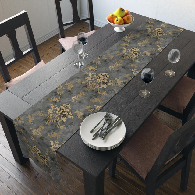 Elegant Damask Table Runner: Muted Gold Floral on Grey for Sophisticated Dining Room Decor